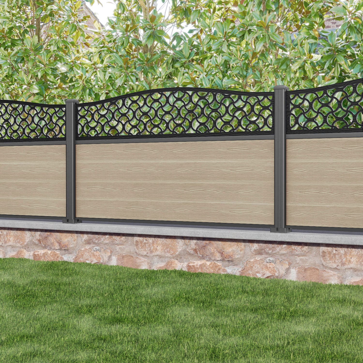 Classic Vida Curved Top Fence Panel - Light Oak - with our aluminium posts