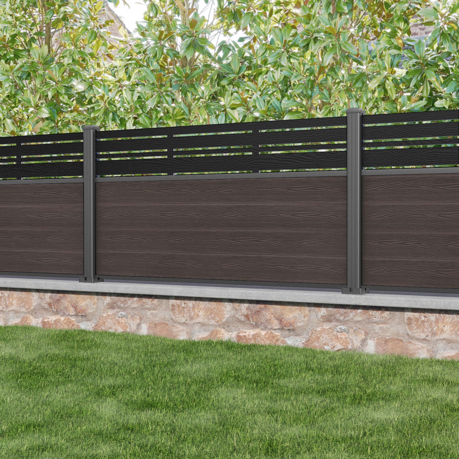 Classic Linea Fence Panel - Mid Brown - with our aluminium posts