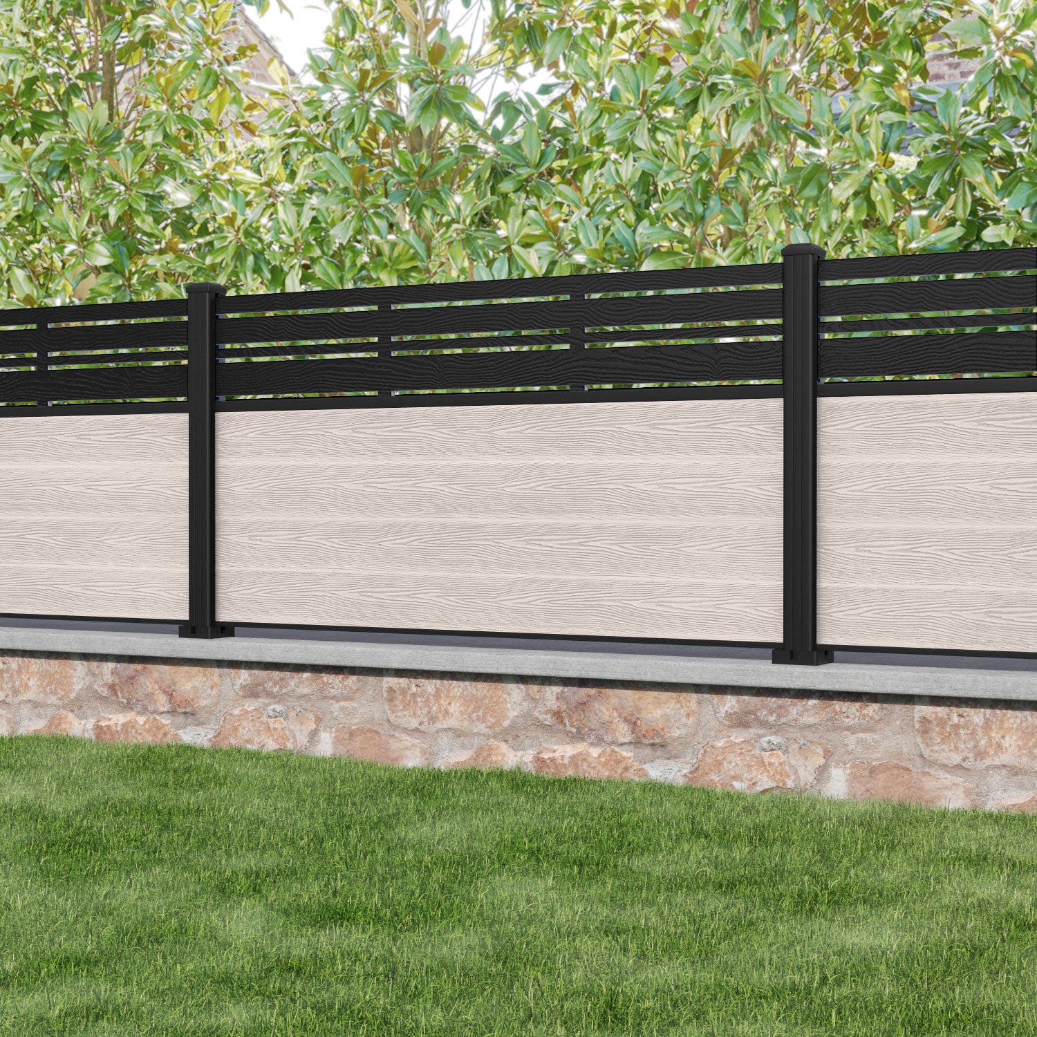 Classic Linea Fence Panel - Mid Stone - with our aluminium posts