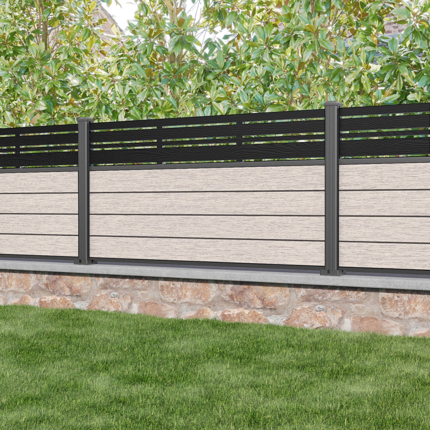 Fusion Linea Fence Panel - Mid Stone - with our aluminium posts