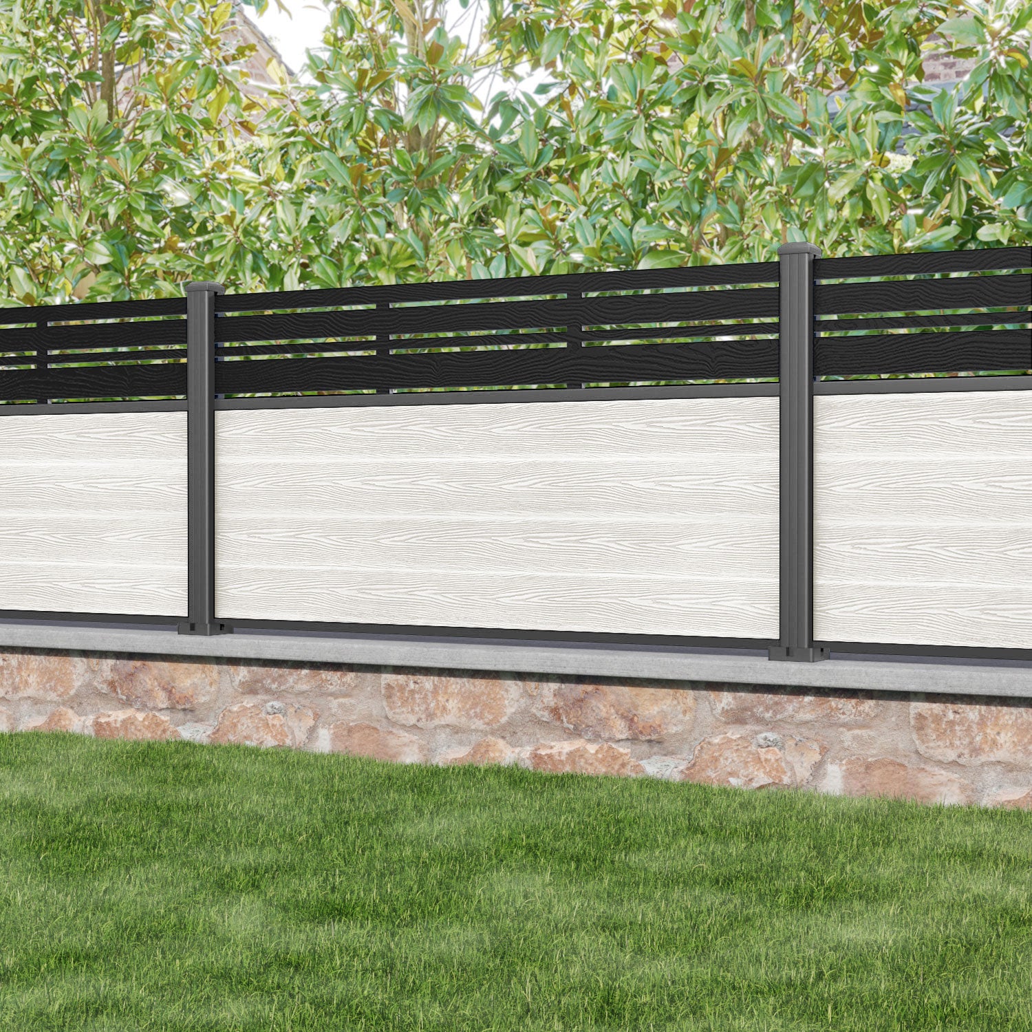 Classic Linea Fence Panel - Light Stone - with our aluminium posts