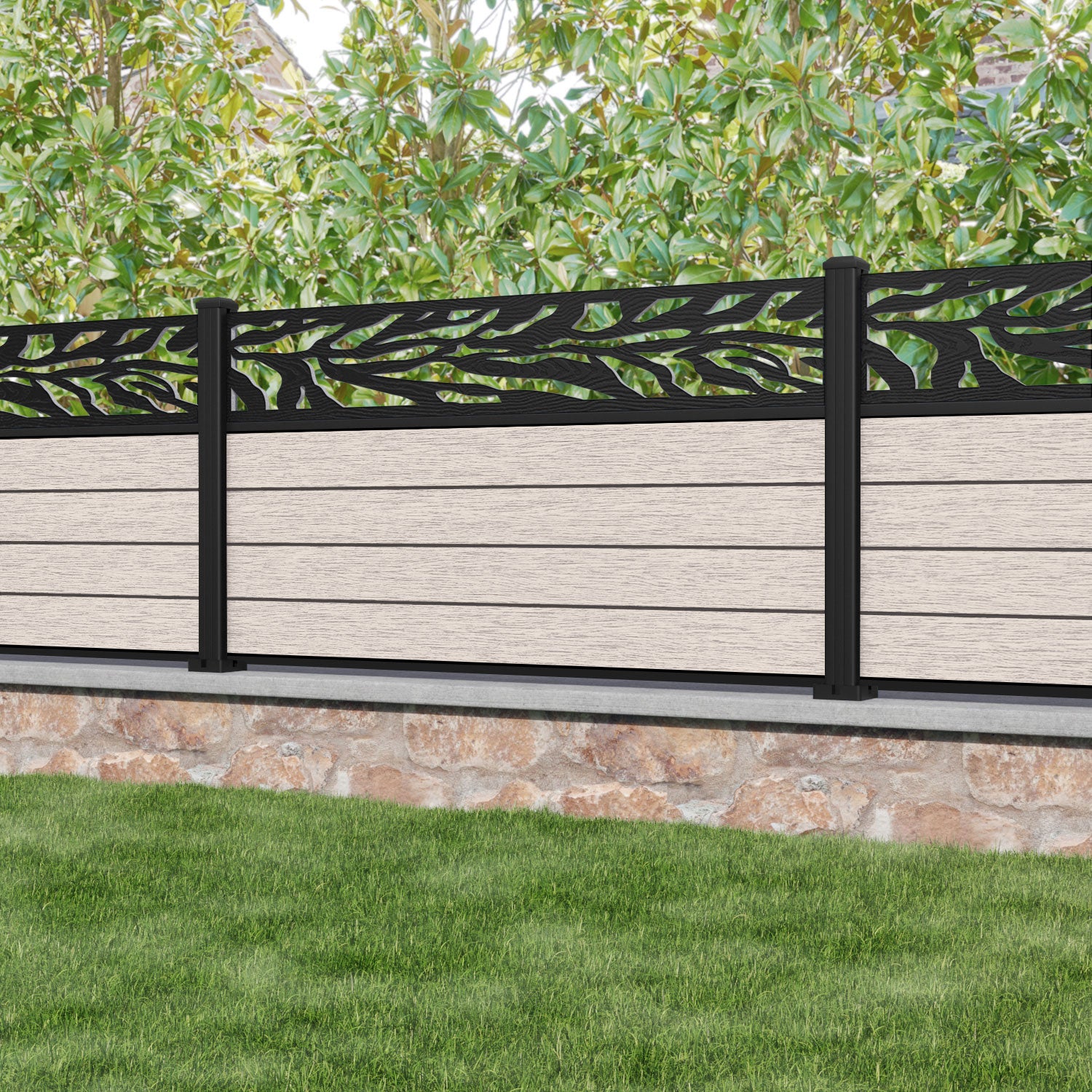 Fusion Malawi Fence Panel - Mid Stone - with our aluminium posts