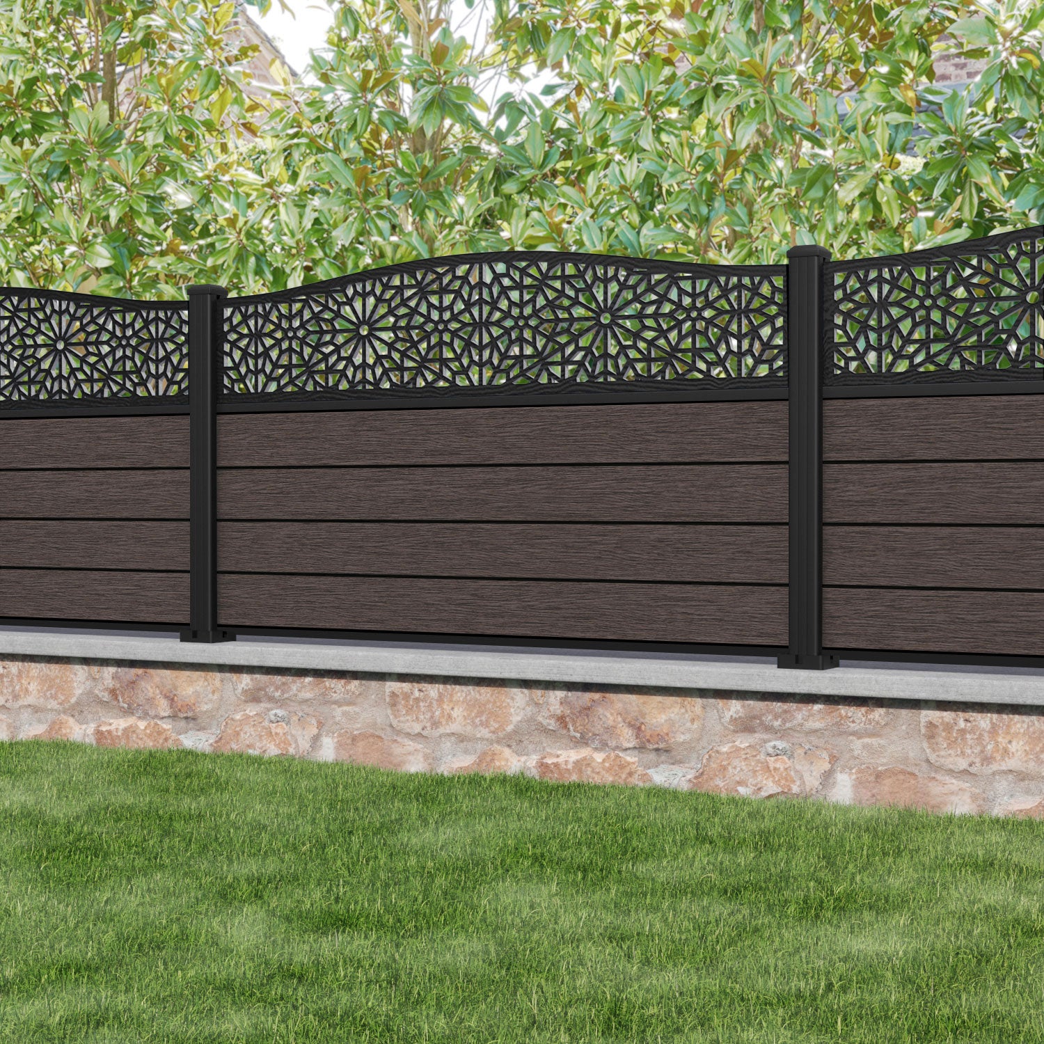 Fusion Alnara Curved Top Fence Panel - Mid Brown - with our aluminium posts