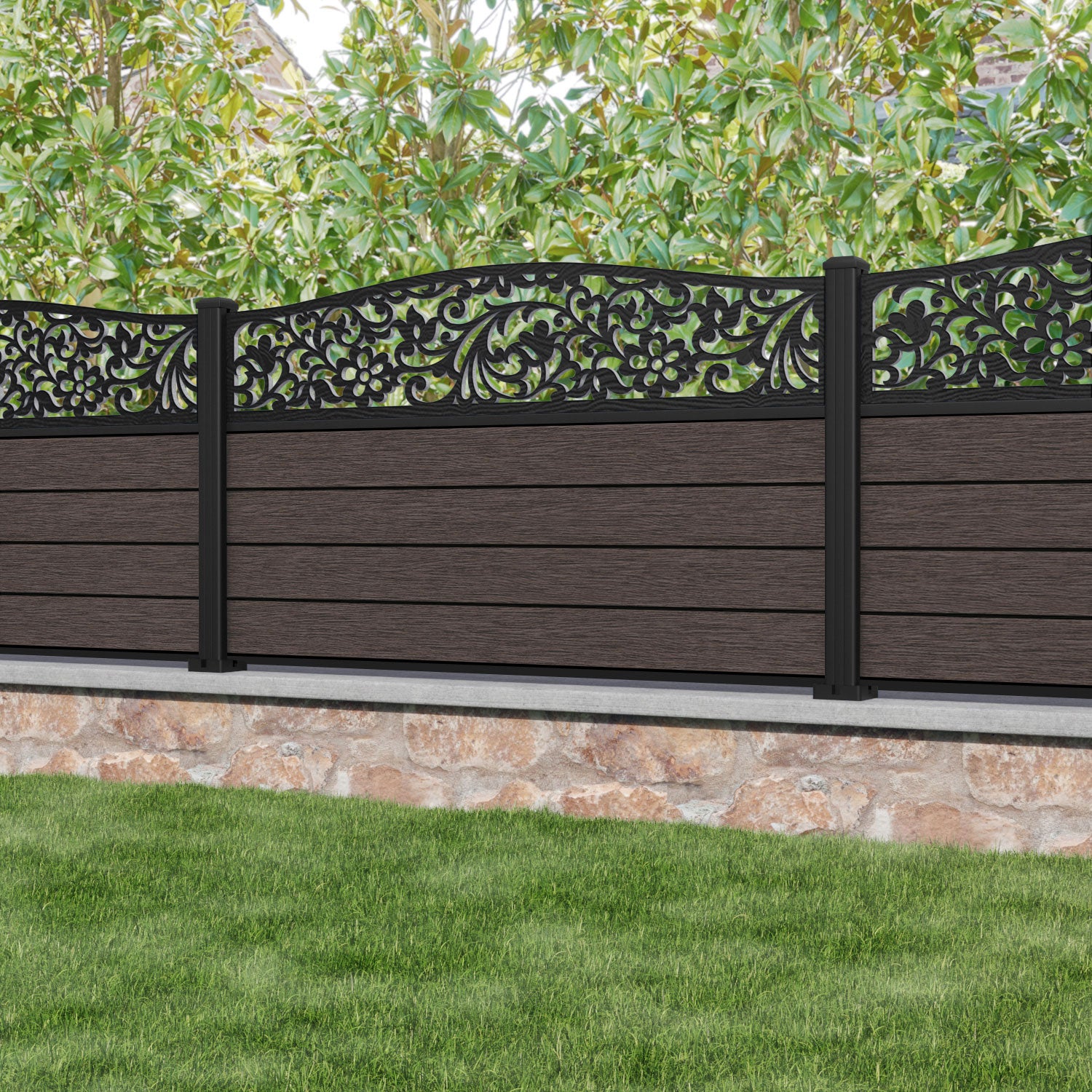 Fusion Eden Curved Top Fence Panel - Mid Brown - with our aluminium posts