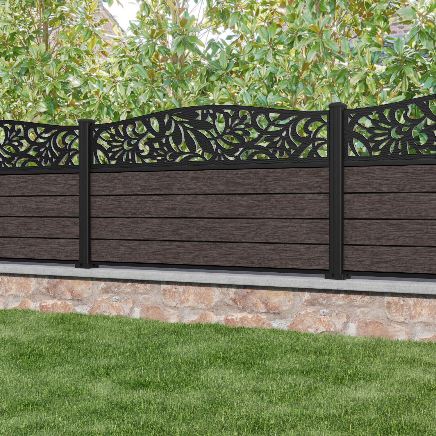 Fusion Heritage Curved Top Fence Panel - Mid Brown - with our aluminium posts