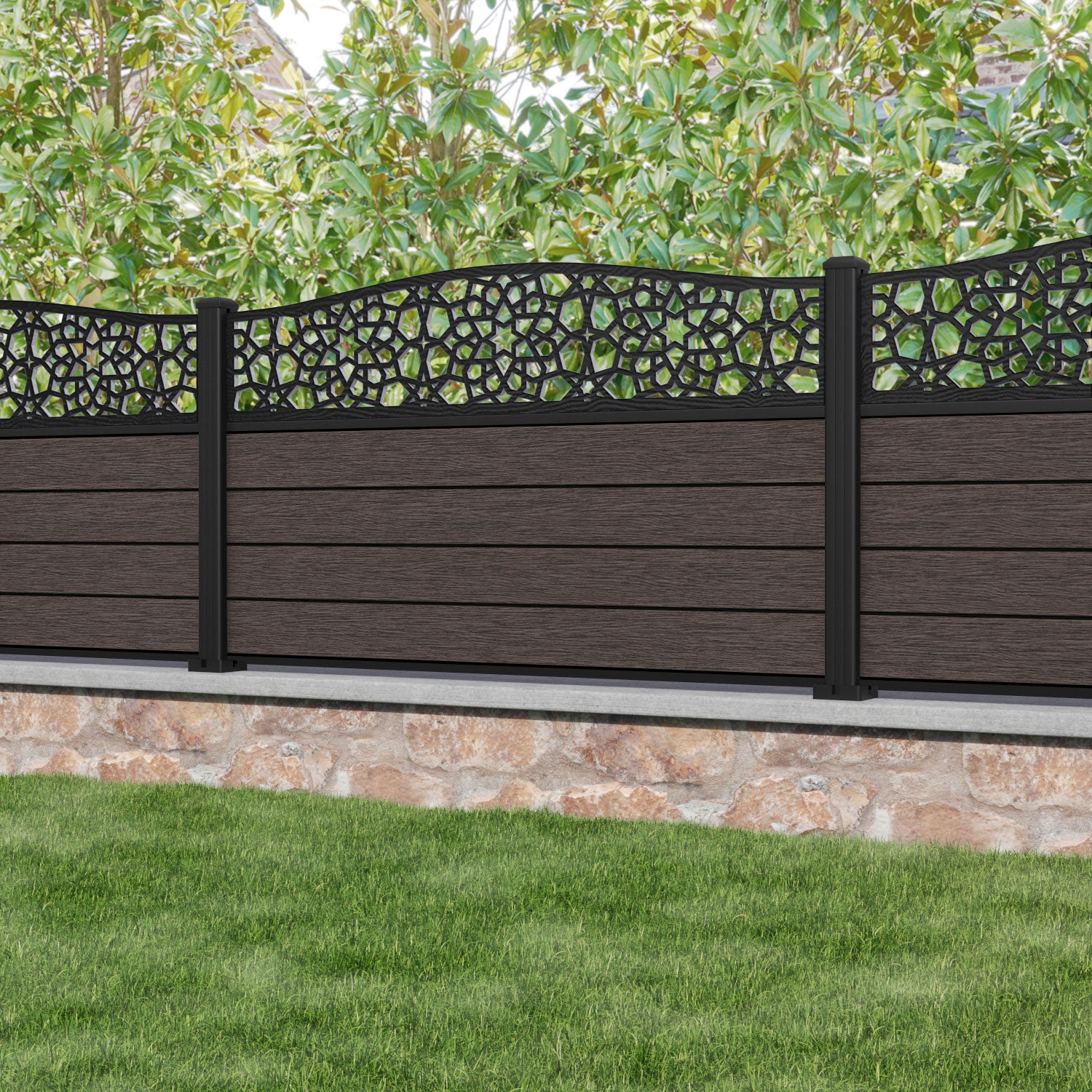 Fusion Nazira Curved Top Fence Panel - Mid Brown - with our aluminium posts