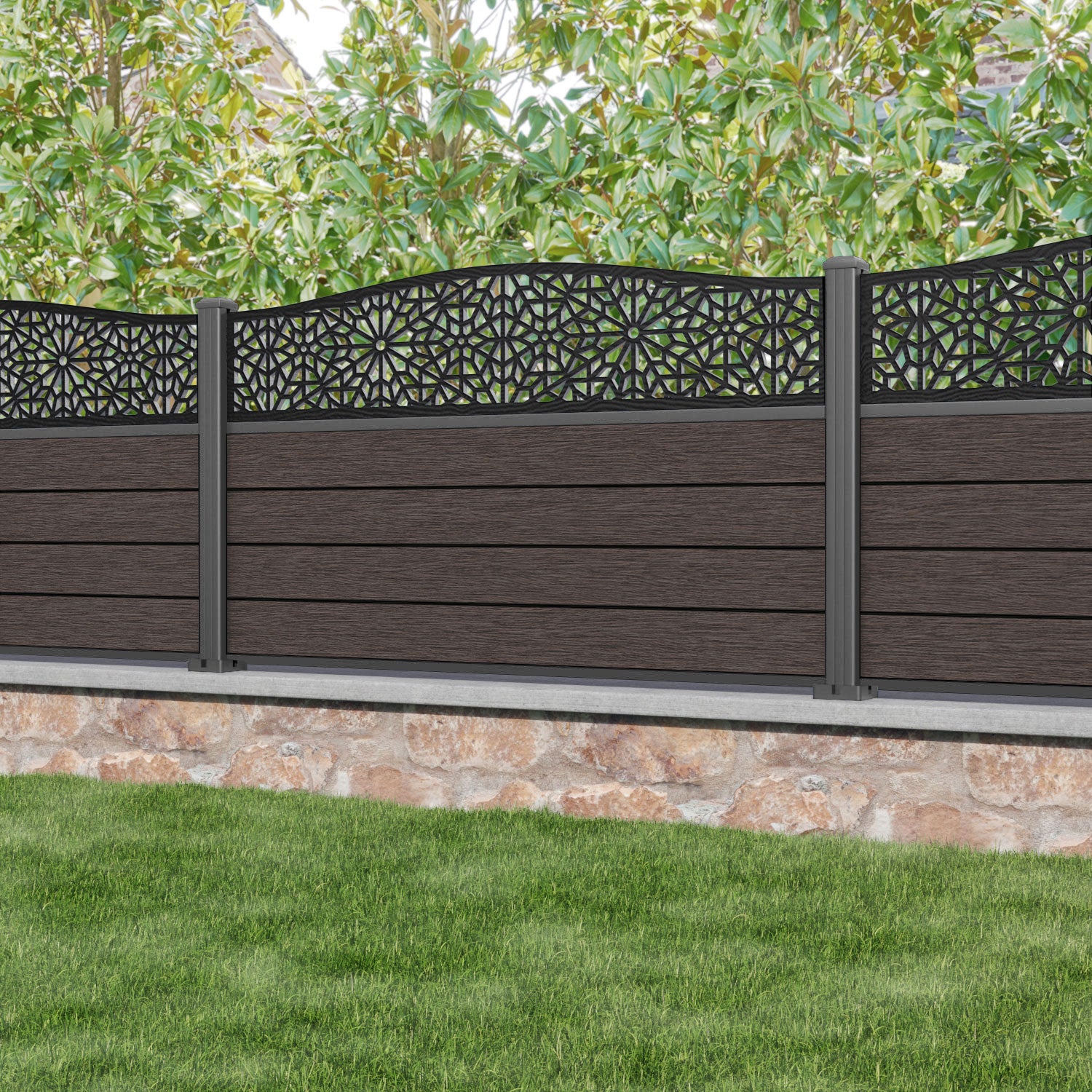 Fusion Alnara Curved Top Fence Panel - Mid Brown - with our aluminium posts
