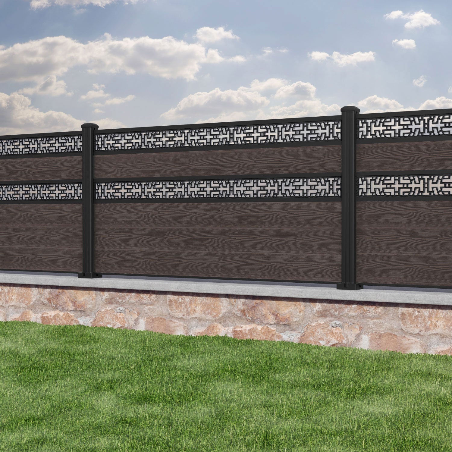 Classic Kumo Split Screen Fence Panel - Mid Brown - with our aluminium posts