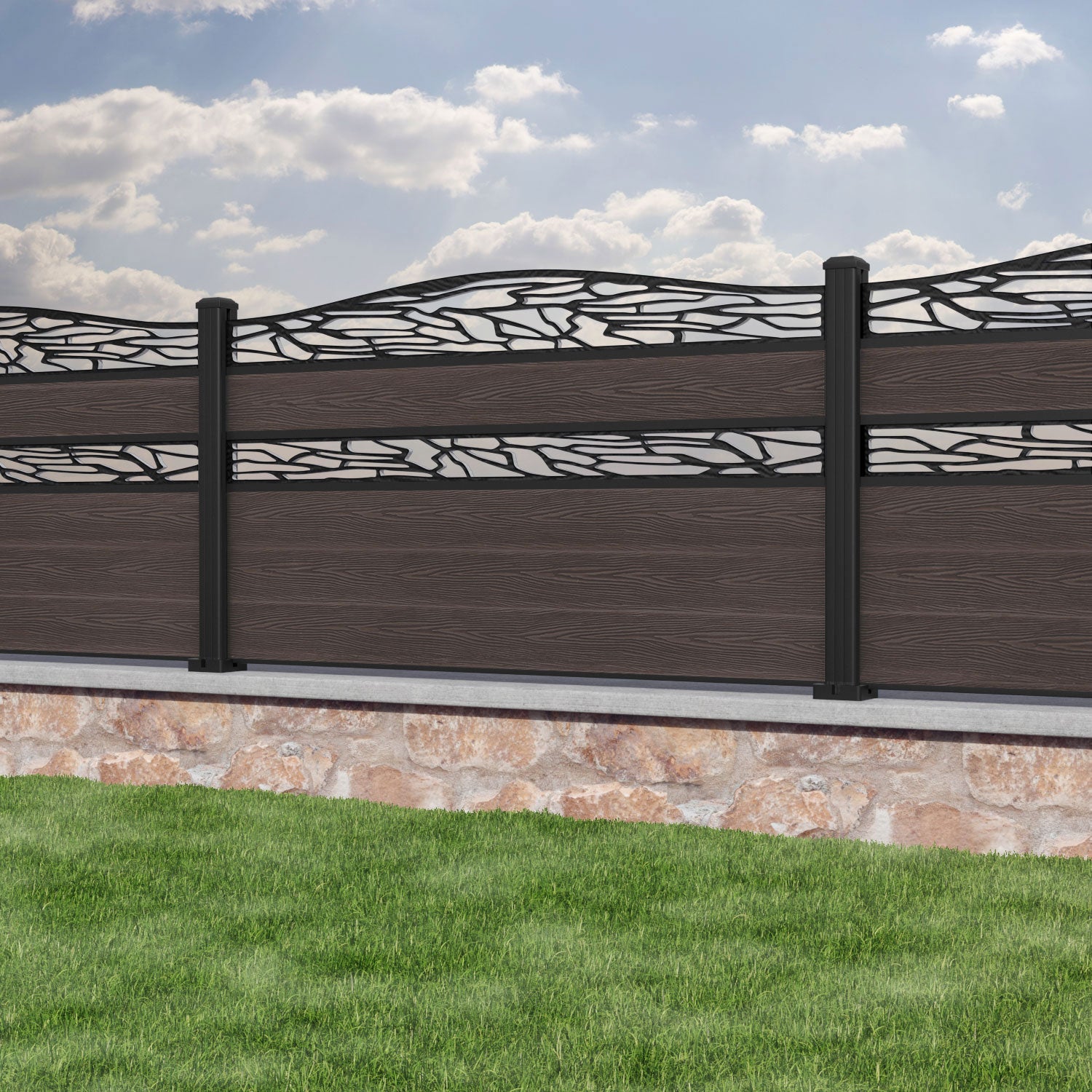 Classic Shatter Curved Top Split Screen Fence Panel - Mid Brown - with our aluminium posts
