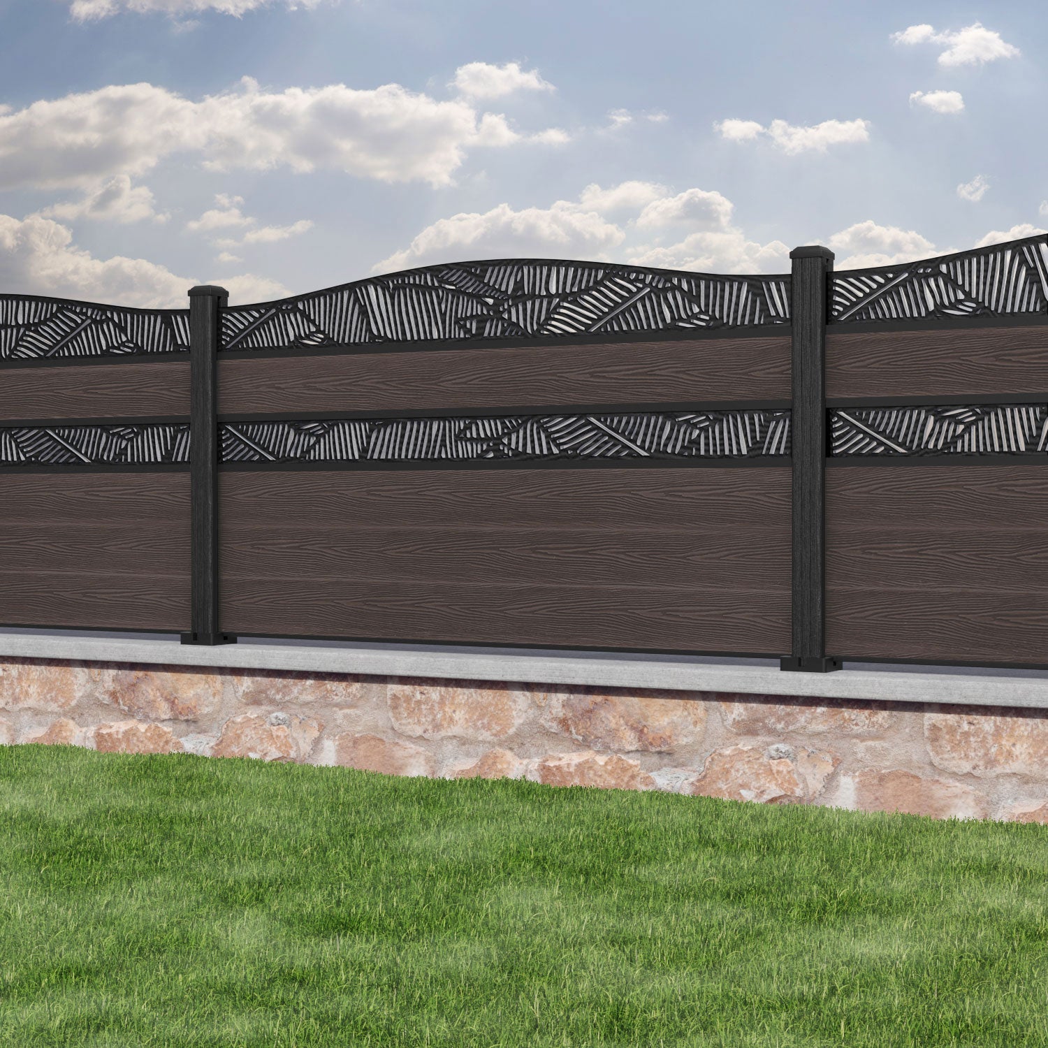 Classic Feather Curved Top Split Screen Fence Panel - Mid Brown - with our composite posts