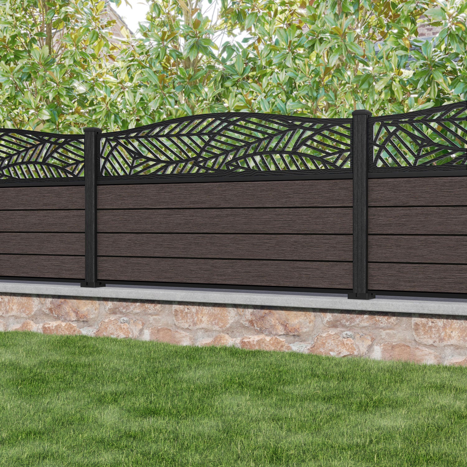Fusion Habitat Curved Top Fence Panel - Mid Brown - with our composite posts