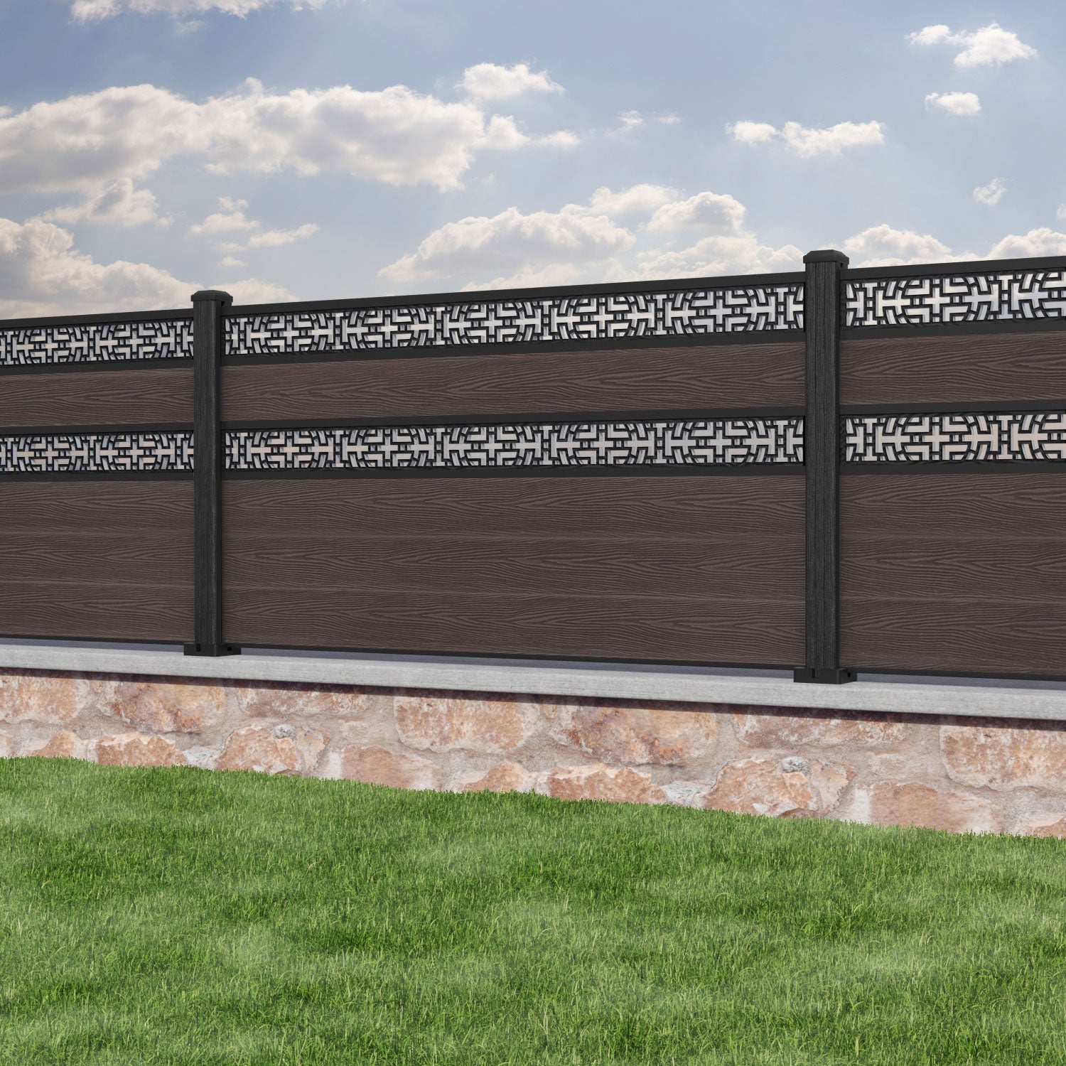 Classic Kumo Split Screen Fence Panel - Mid Brown - with our composite posts