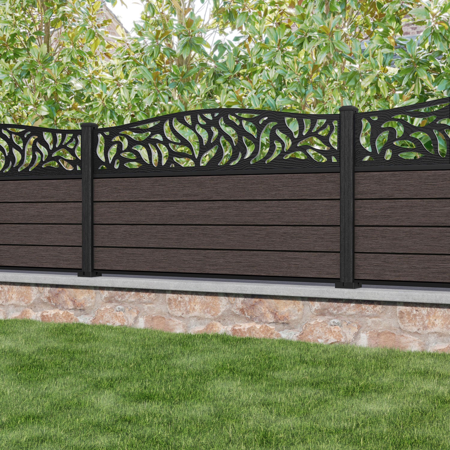 Fusion Plume Curved Top Fence Panel - Mid Brown - with our composite posts