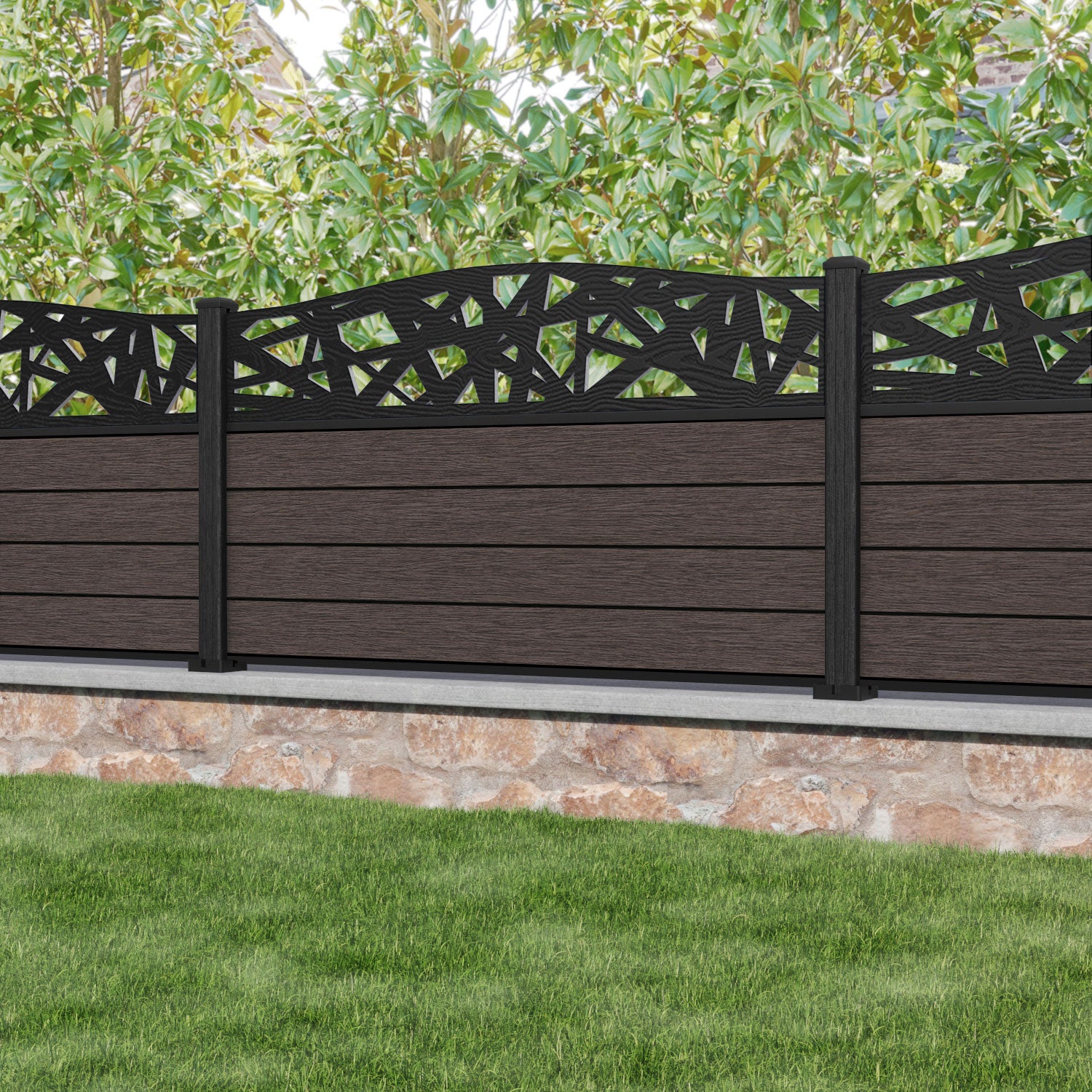 Fusion Prism Curved Top Fence Panel - Mid Brown - with our composite posts