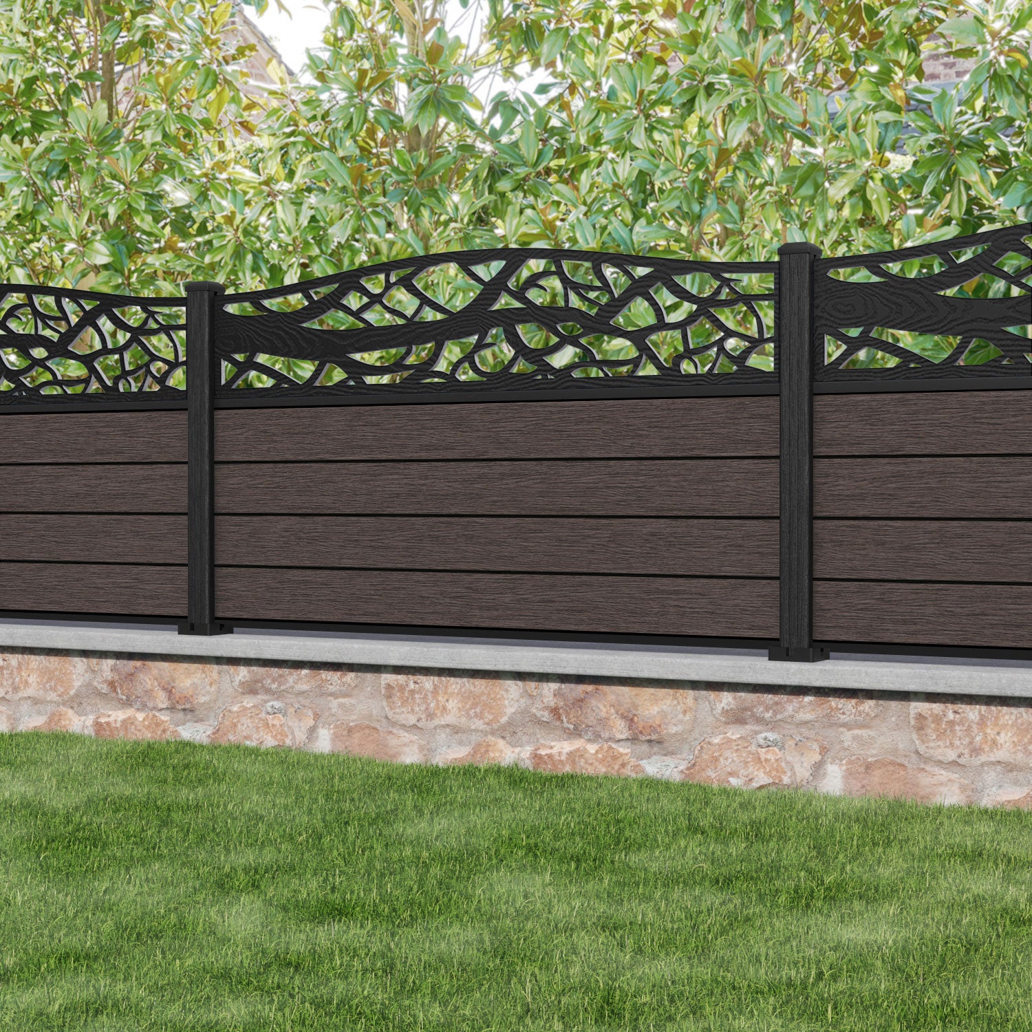 Fusion Twilight Curved Top Fence Panel - Mid Brown - with our composite posts