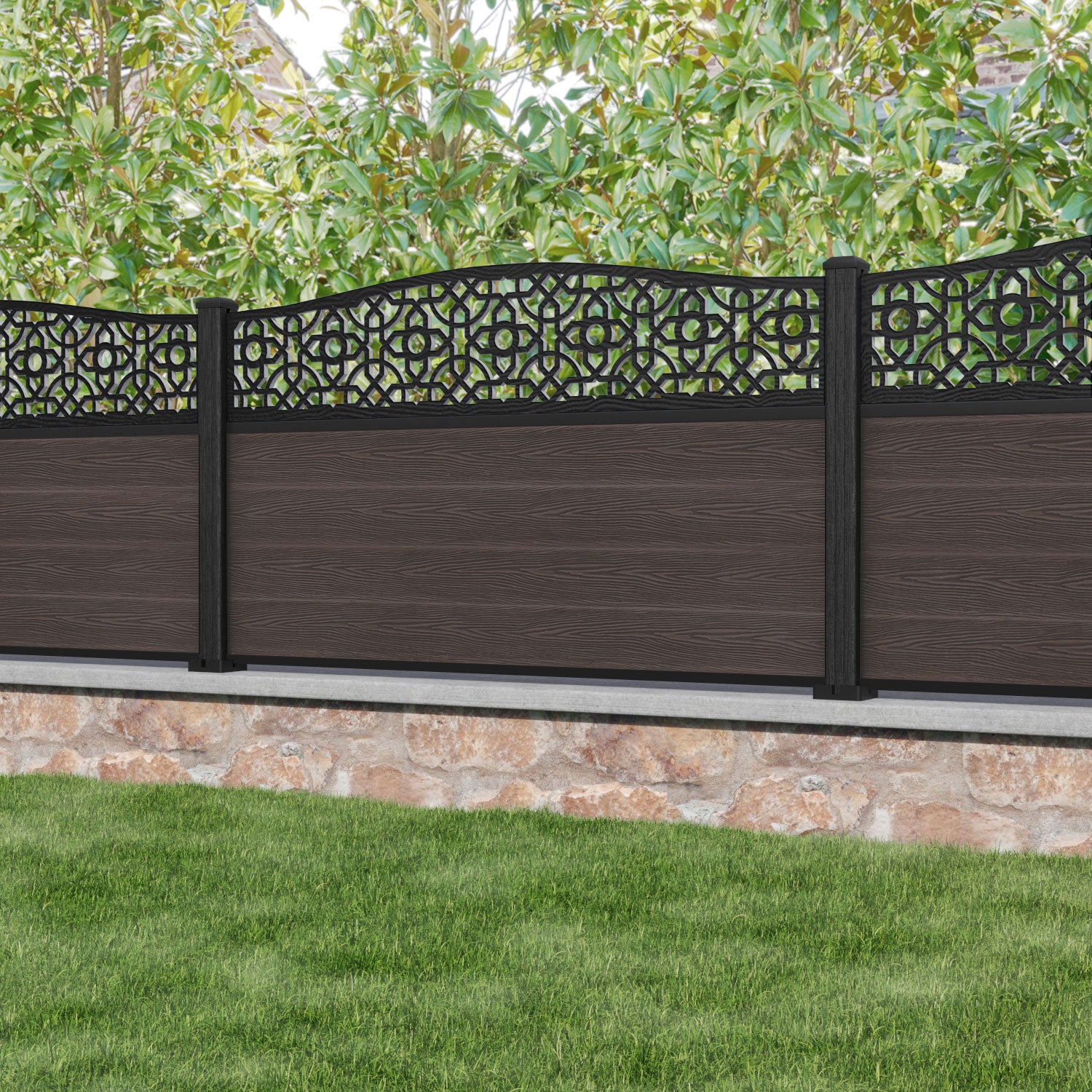 Classic Nabila Curved Top Fence Panel - Mid Brown - with our composite posts