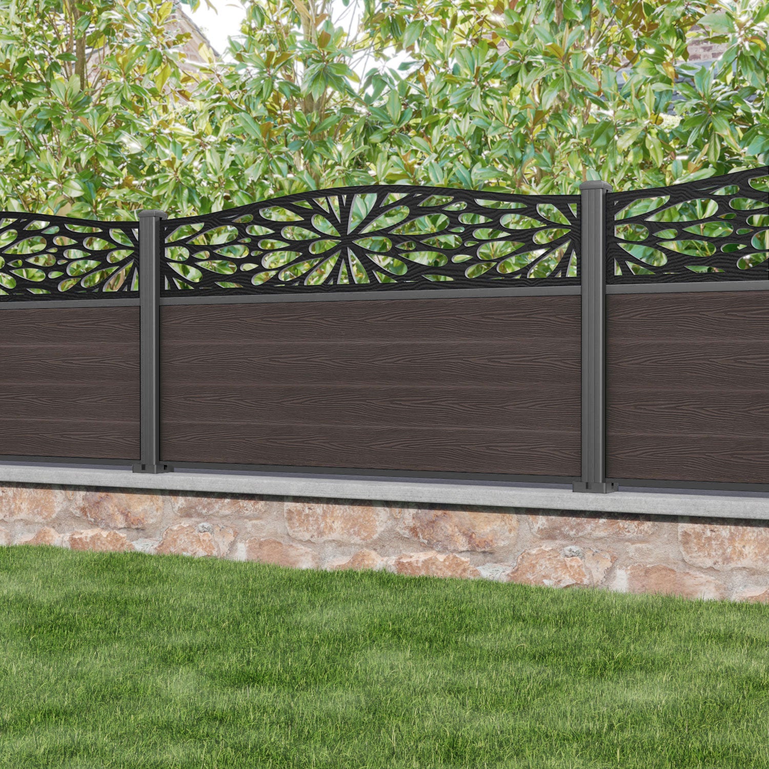 Classic Blossom Curved Top Fence Panel - Mid Brown - with our aluminium posts