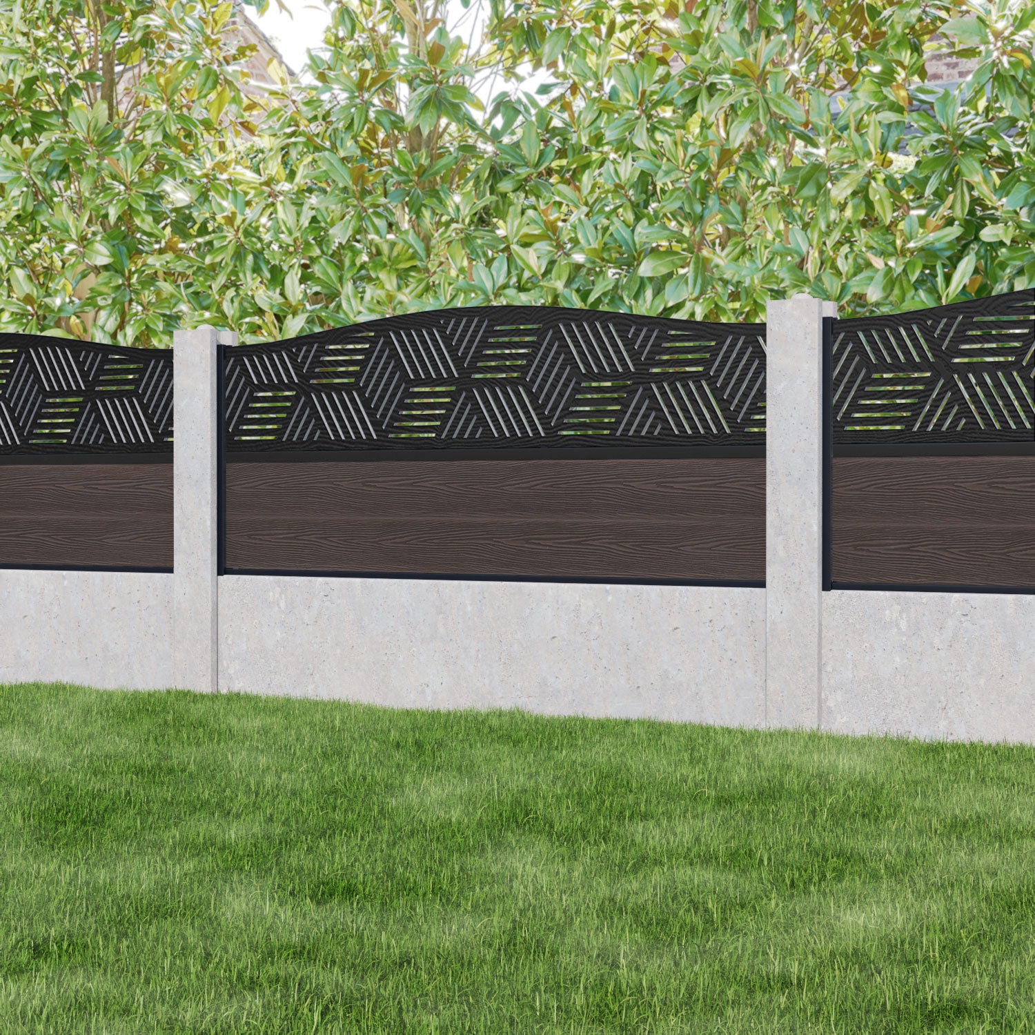 Classic Cubed Curved Top Fence Panel - Mid Brown - for existing concrete posts