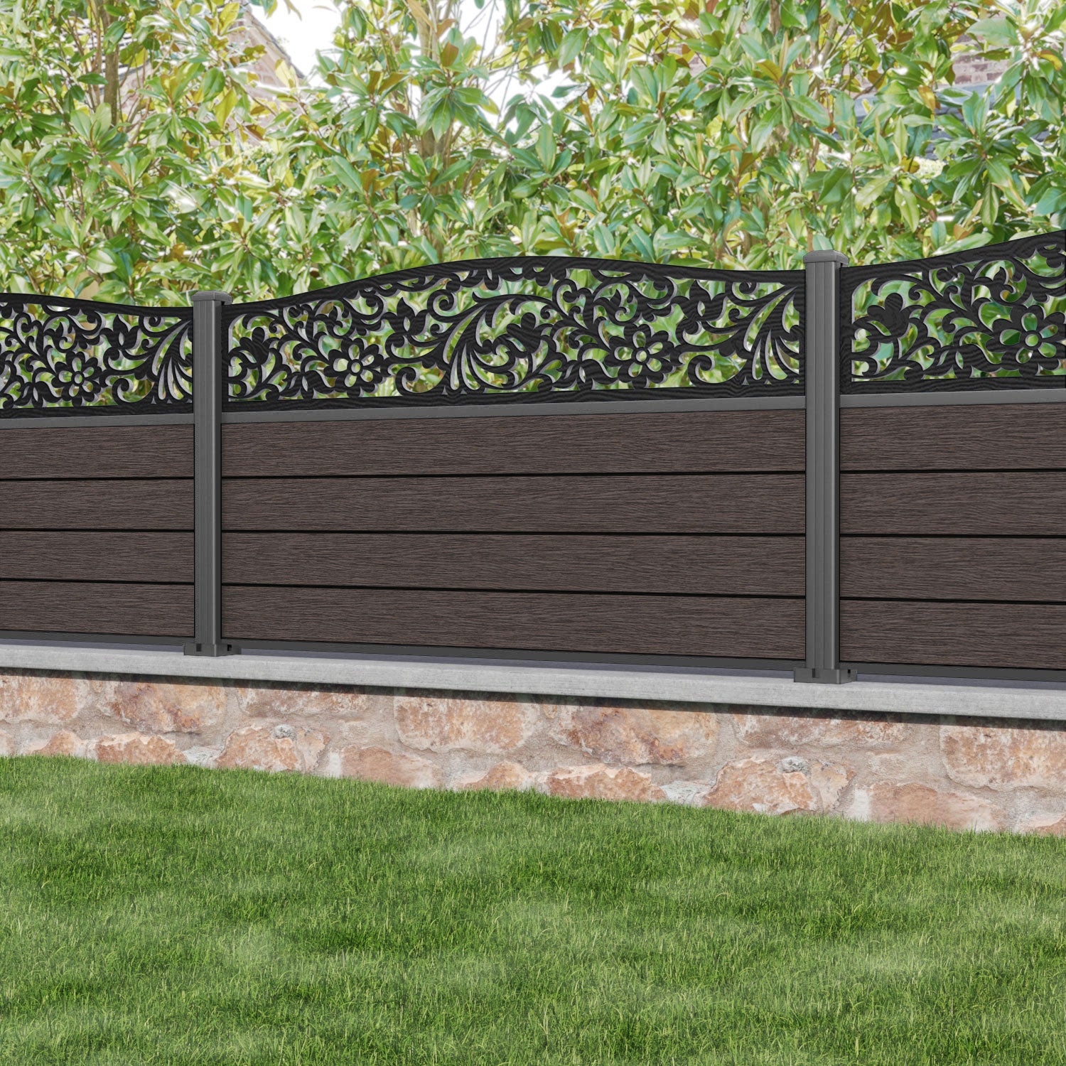 Fusion Eden Curved Top Fence Panel - Mid Brown - with our aluminium posts