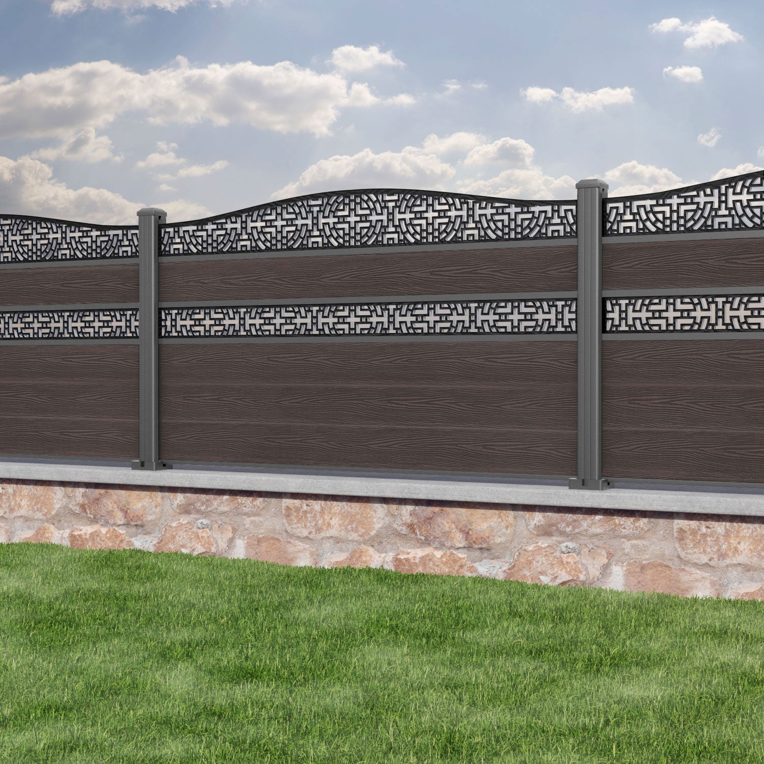 Classic Kumo Curved Top Split Screen Fence Panel - Mid Brown - with our aluminium posts