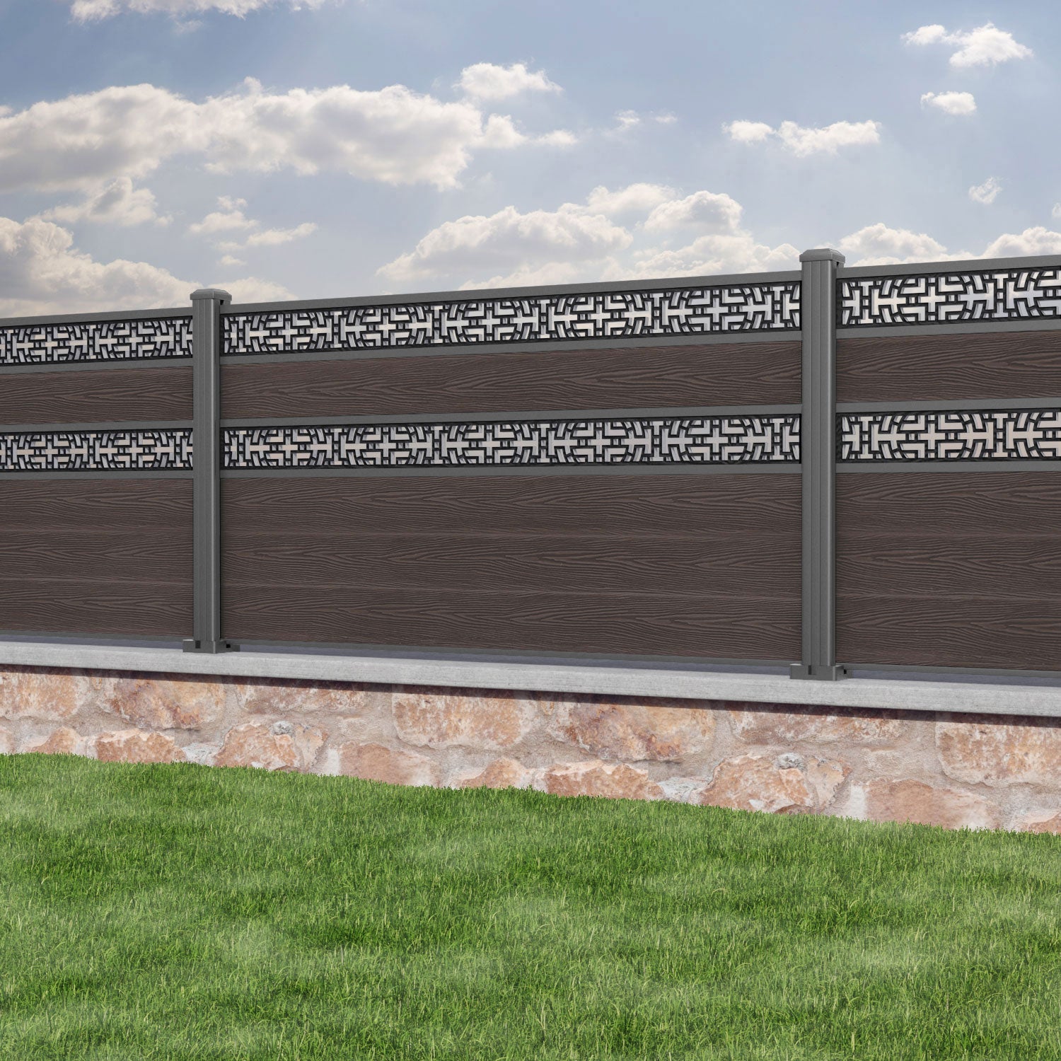 Classic Kumo Split Screen Fence Panel - Mid Brown - with our aluminium posts