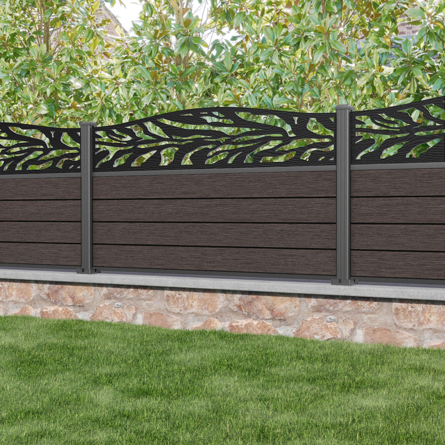 Fusion Malawi Curved Top Fence Panel - Mid Brown - with our aluminium posts