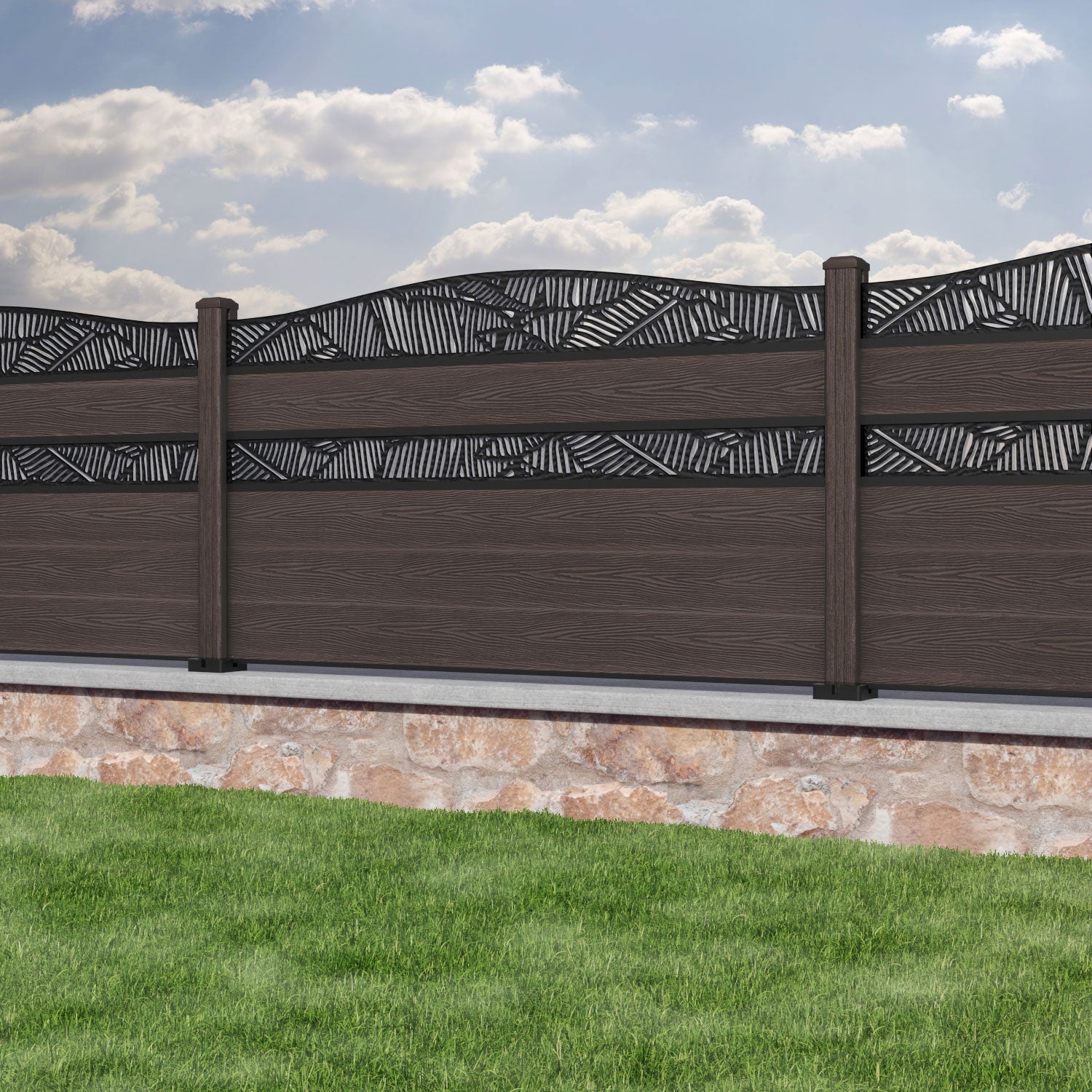 Classic Feather Curved Top Split Screen Fence Panel - Mid Brown - with our composite posts