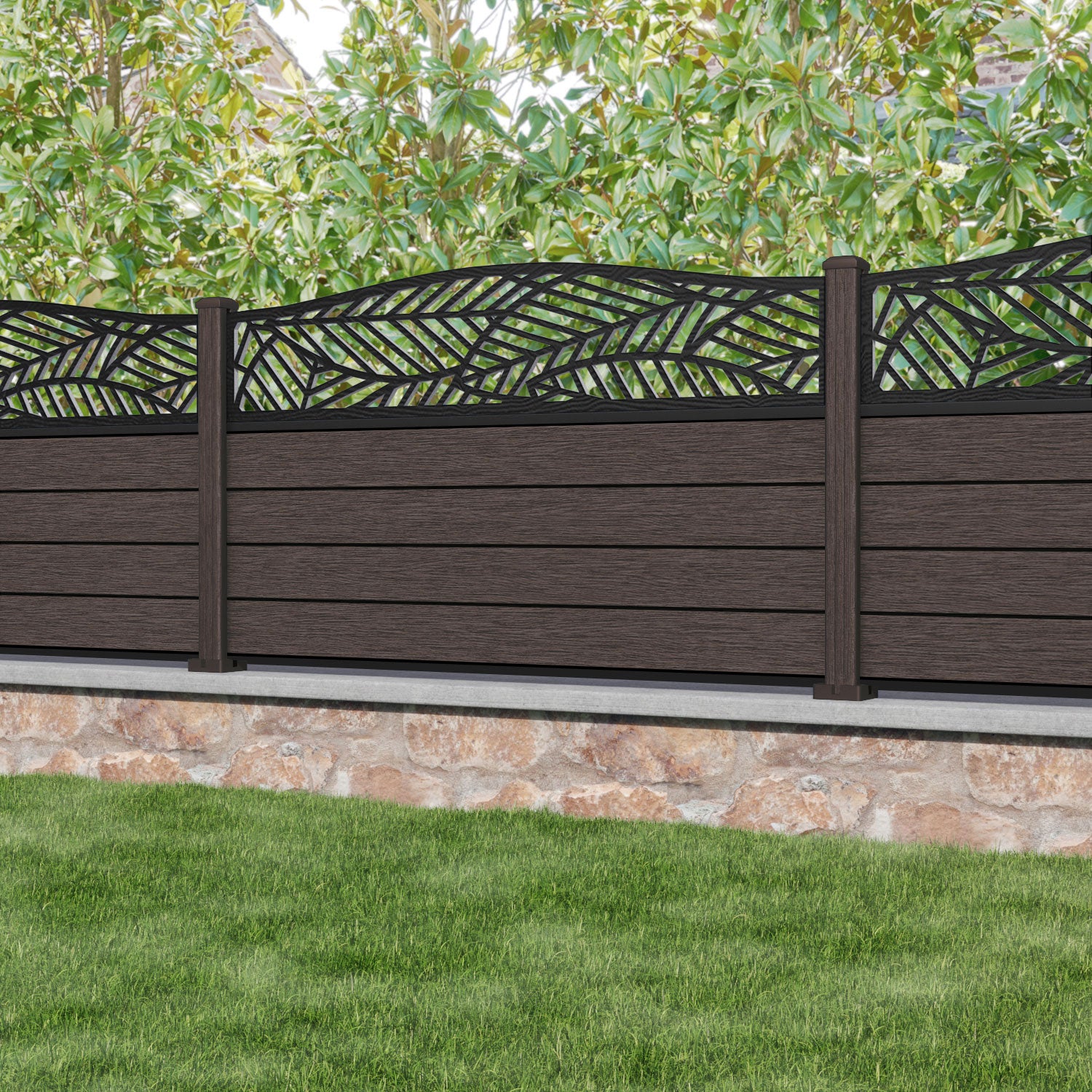 Fusion Habitat Curved Top Fence Panel - Mid Brown - with our composite posts