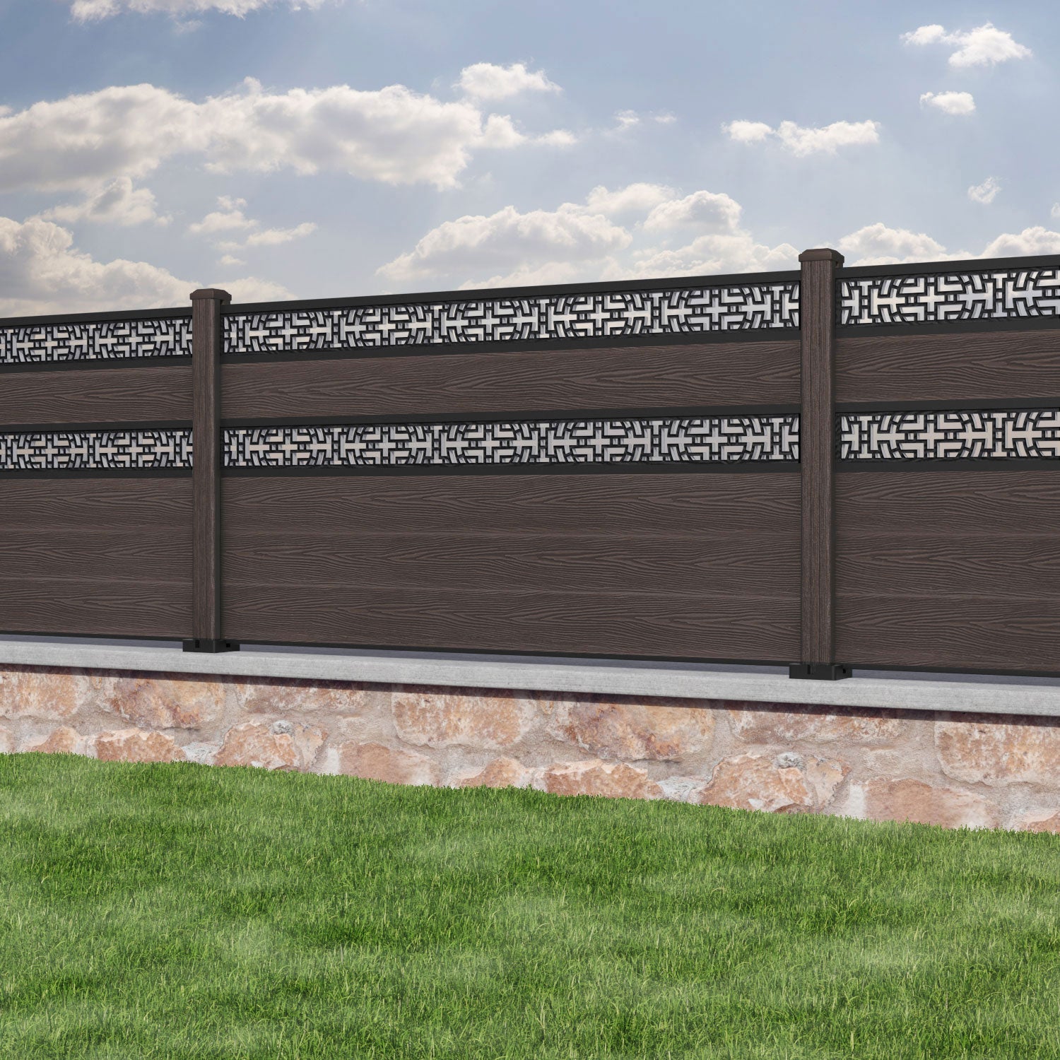 Classic Kumo Split Screen Fence Panel - Mid Brown - with our composite posts