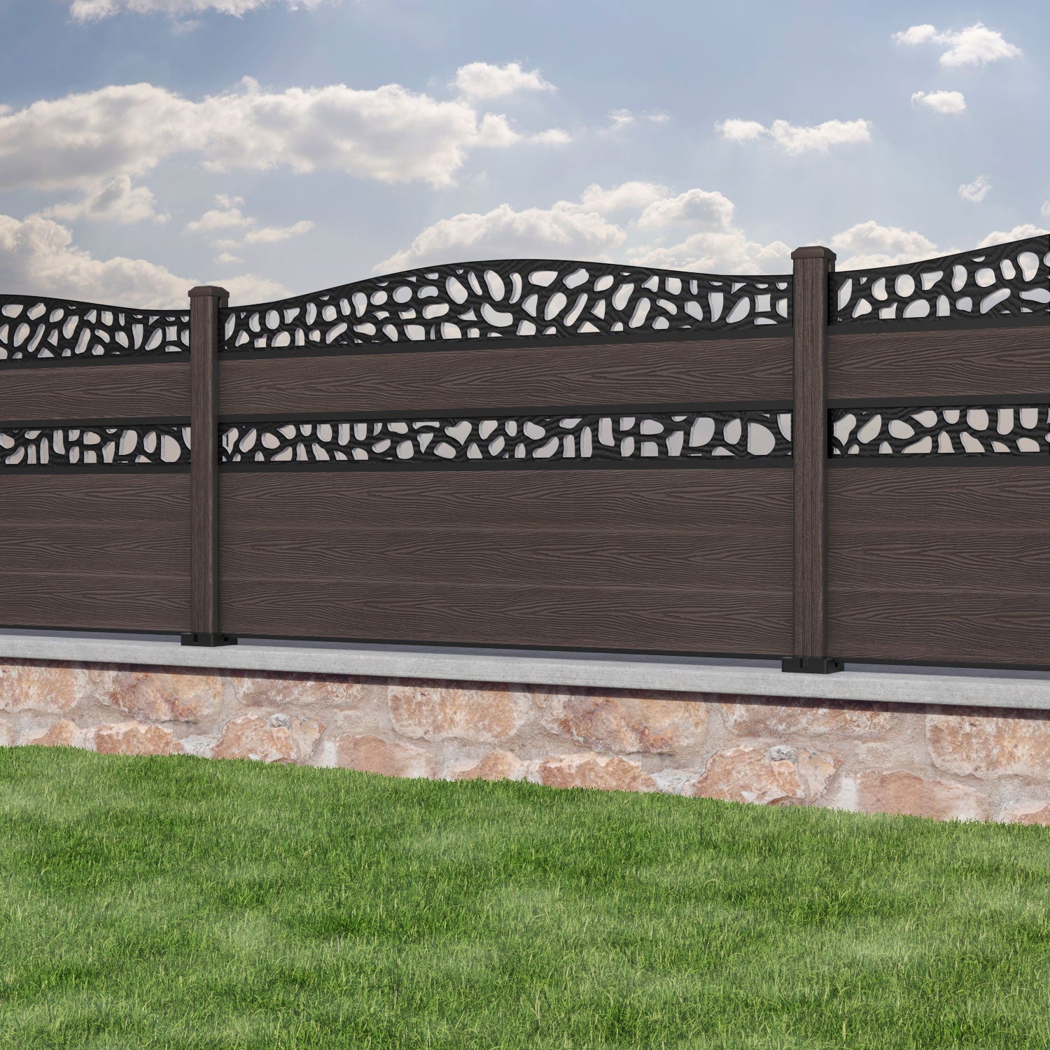 Classic Pebble Curved Top Split Screen Fence Panel - Mid Brown - with our composite posts