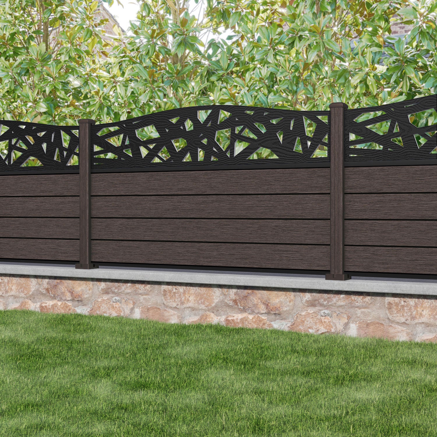 Fusion Prism Curved Top Fence Panel - Mid Brown - with our composite posts