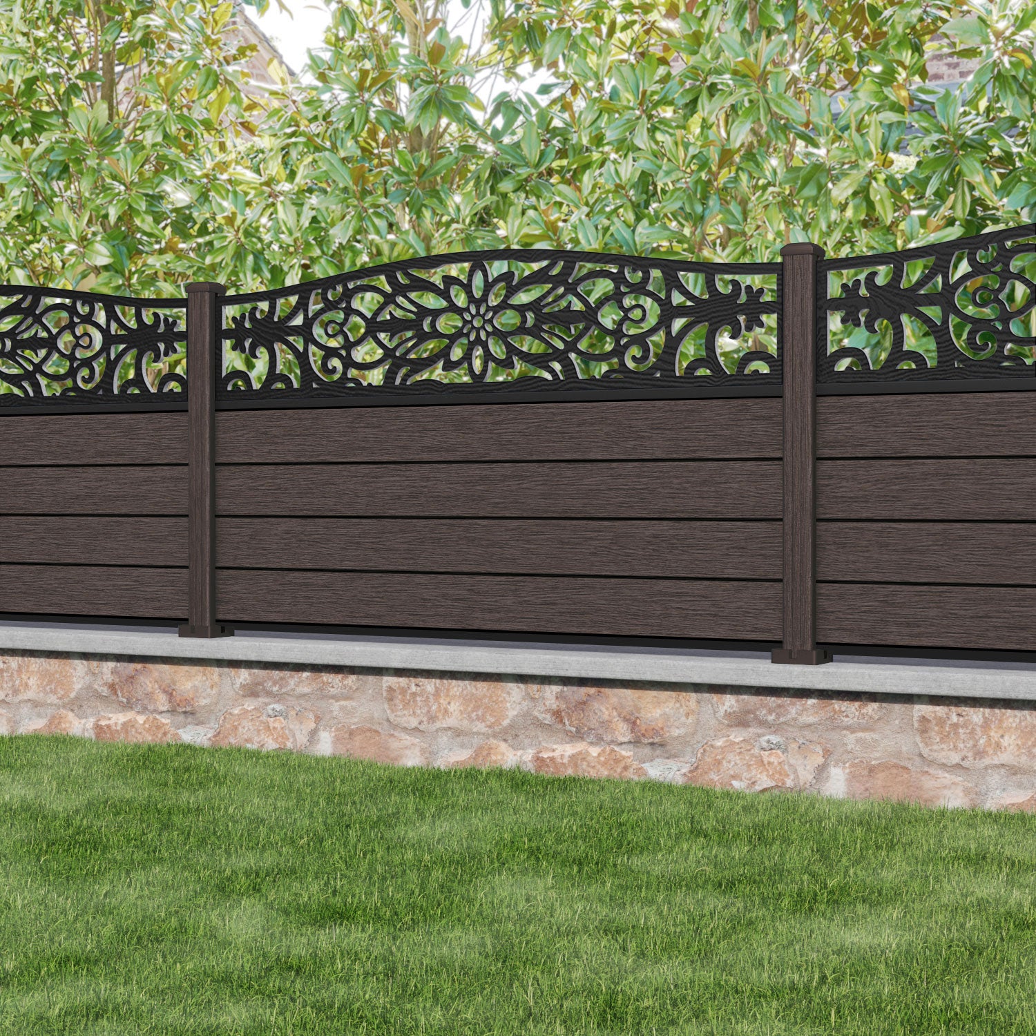 Fusion Windsor Curved Top Fence Panel - Mid Brown - with our composite posts