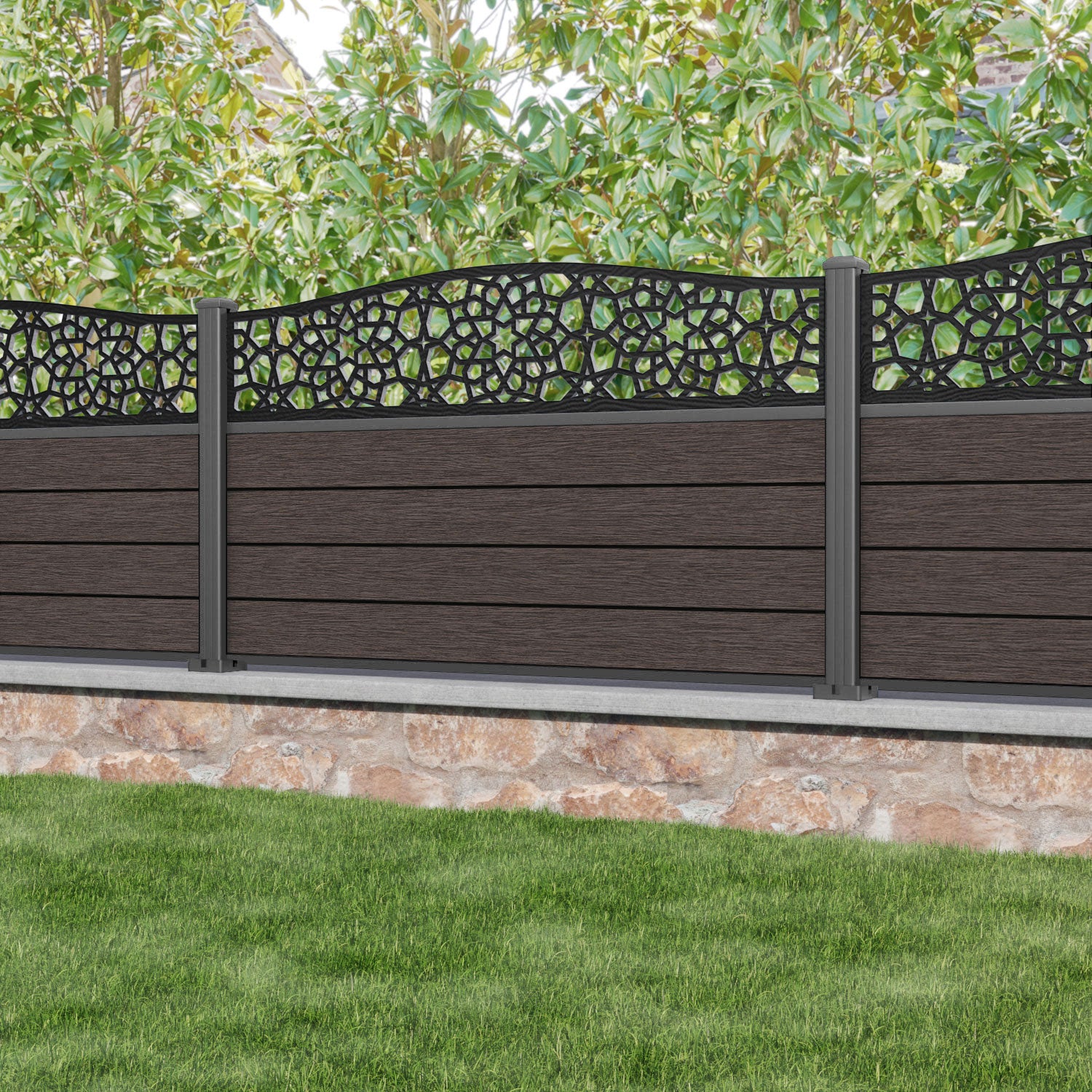 Fusion Nazira Curved Top Fence Panel - Mid Brown - with our aluminium posts