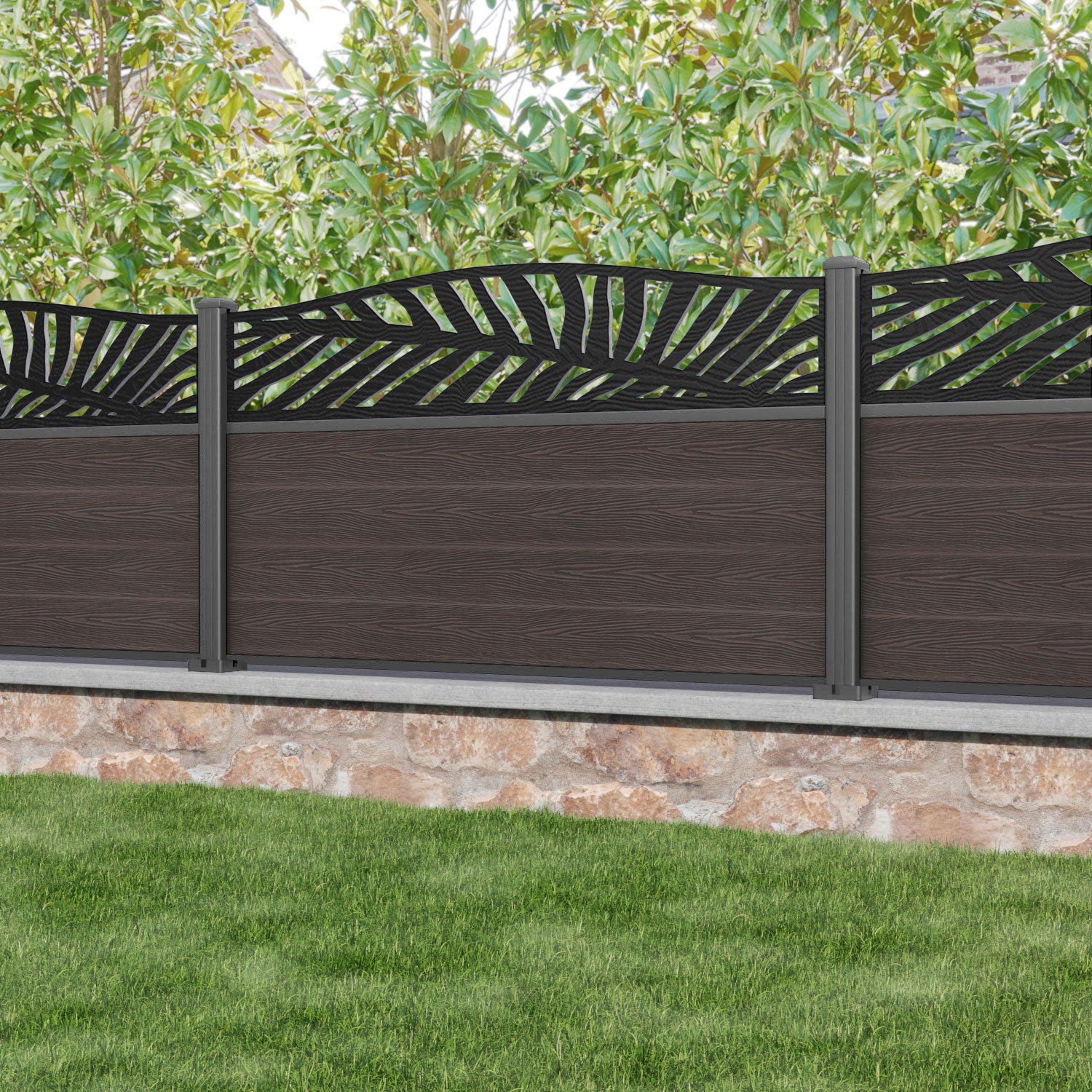 Classic Palm Curved Top Fence Panel - Mid Brown - with our aluminium posts