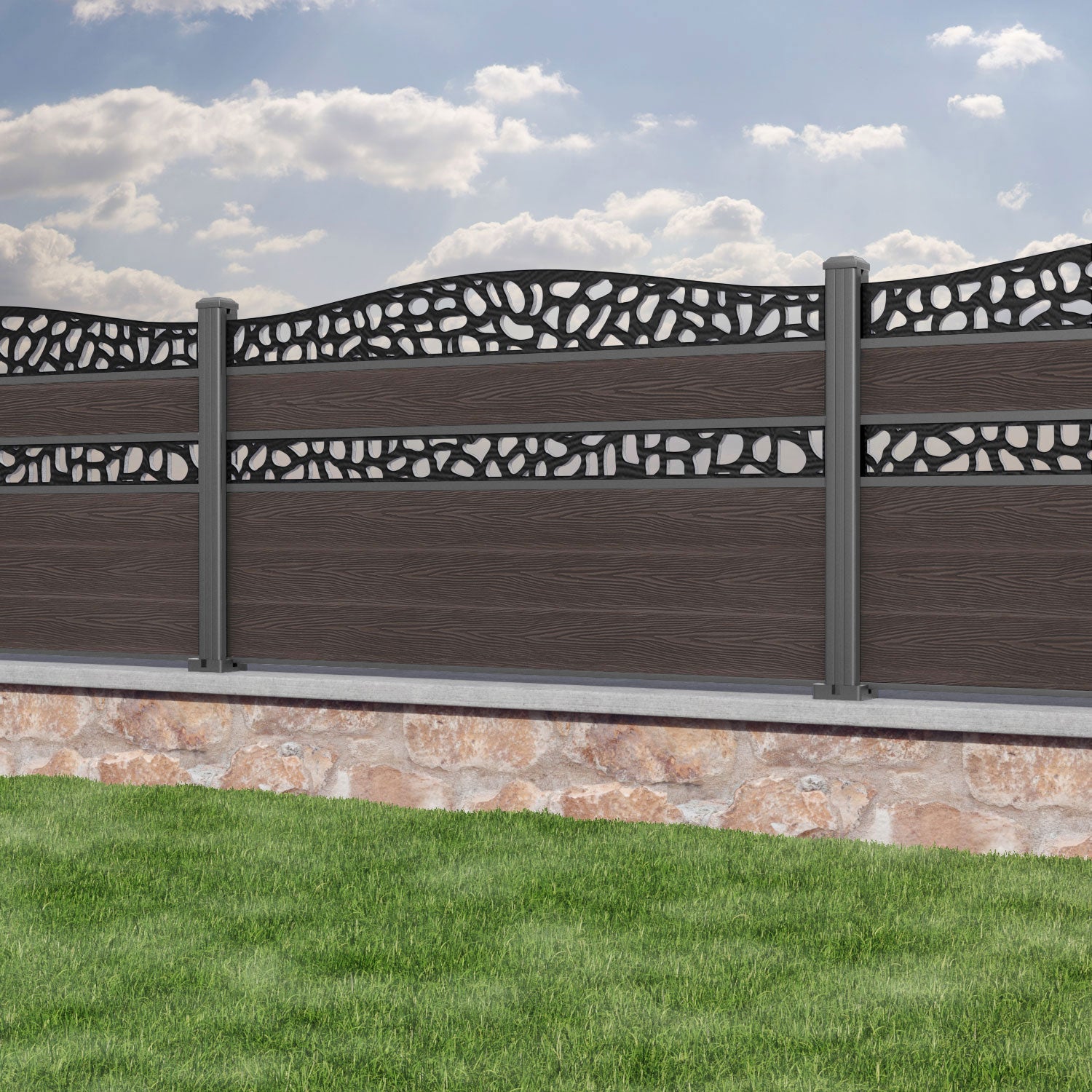 Classic Pebble Curved Top Split Screen Fence Panel - Mid Brown - with our aluminium posts