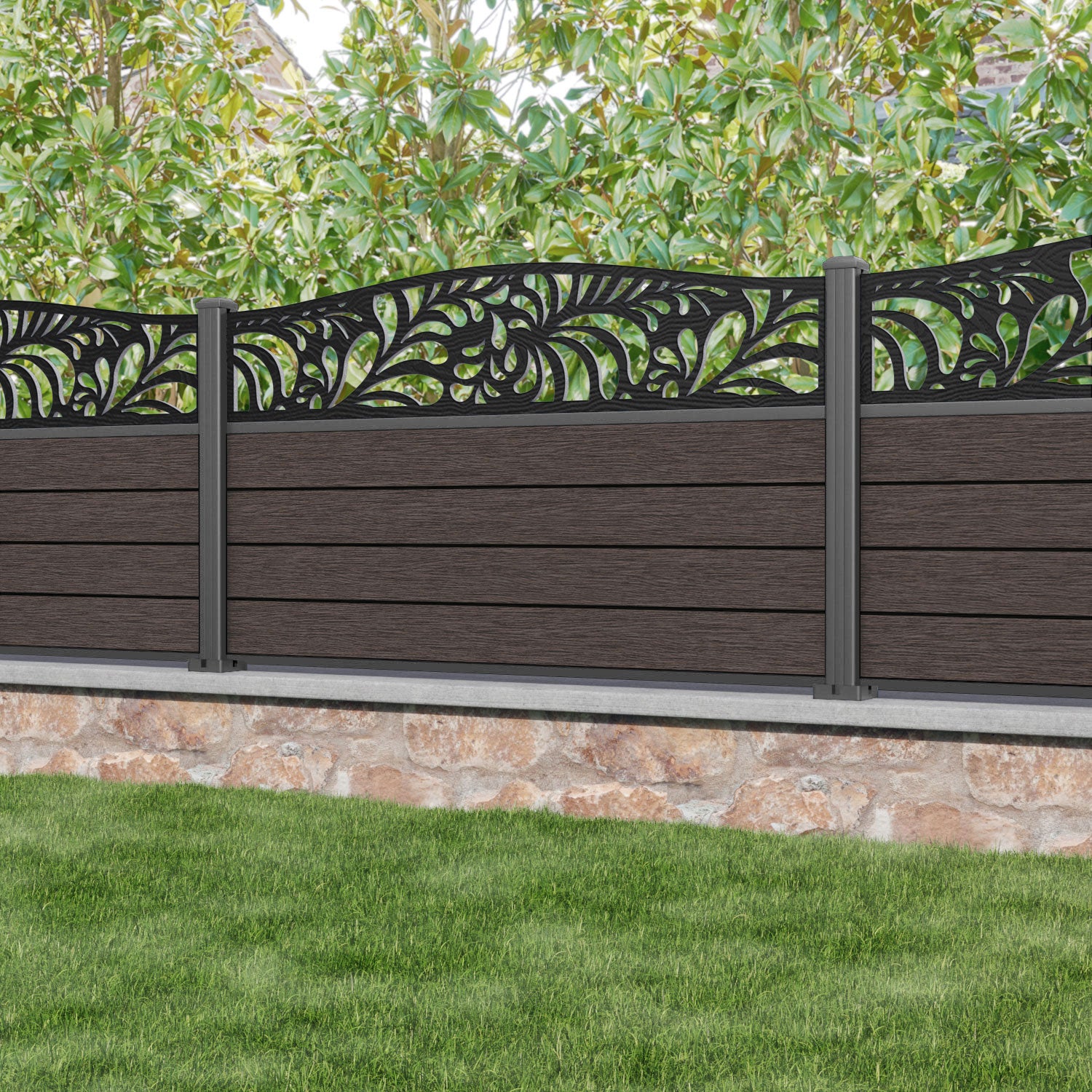 Fusion Petal Curved Top Fence Panel - Mid Brown - with our aluminium posts