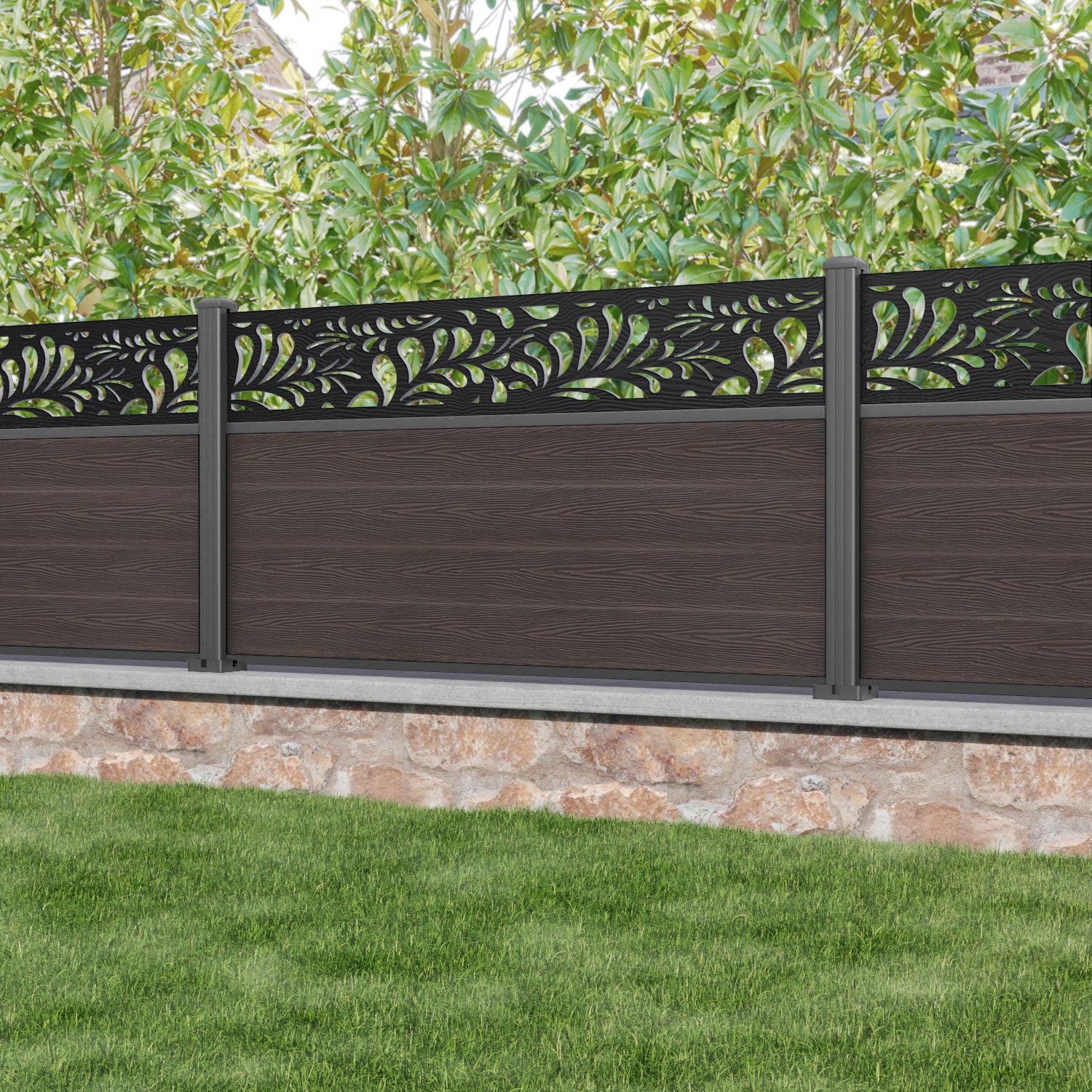 Classic Petal Fence Panel - Mid Brown - with our aluminium posts