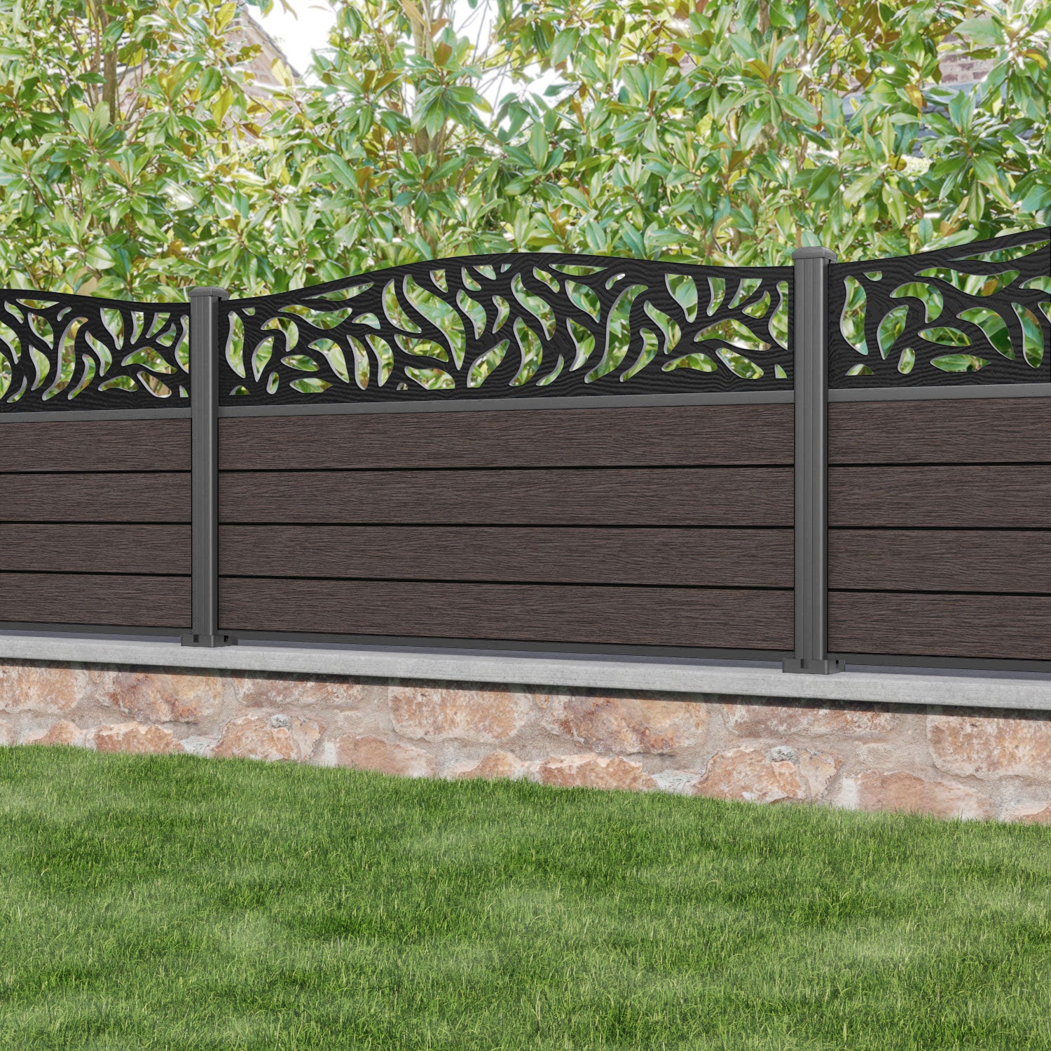 Fusion Plume Curved Top Fence Panel - Mid Brown - with our aluminium posts