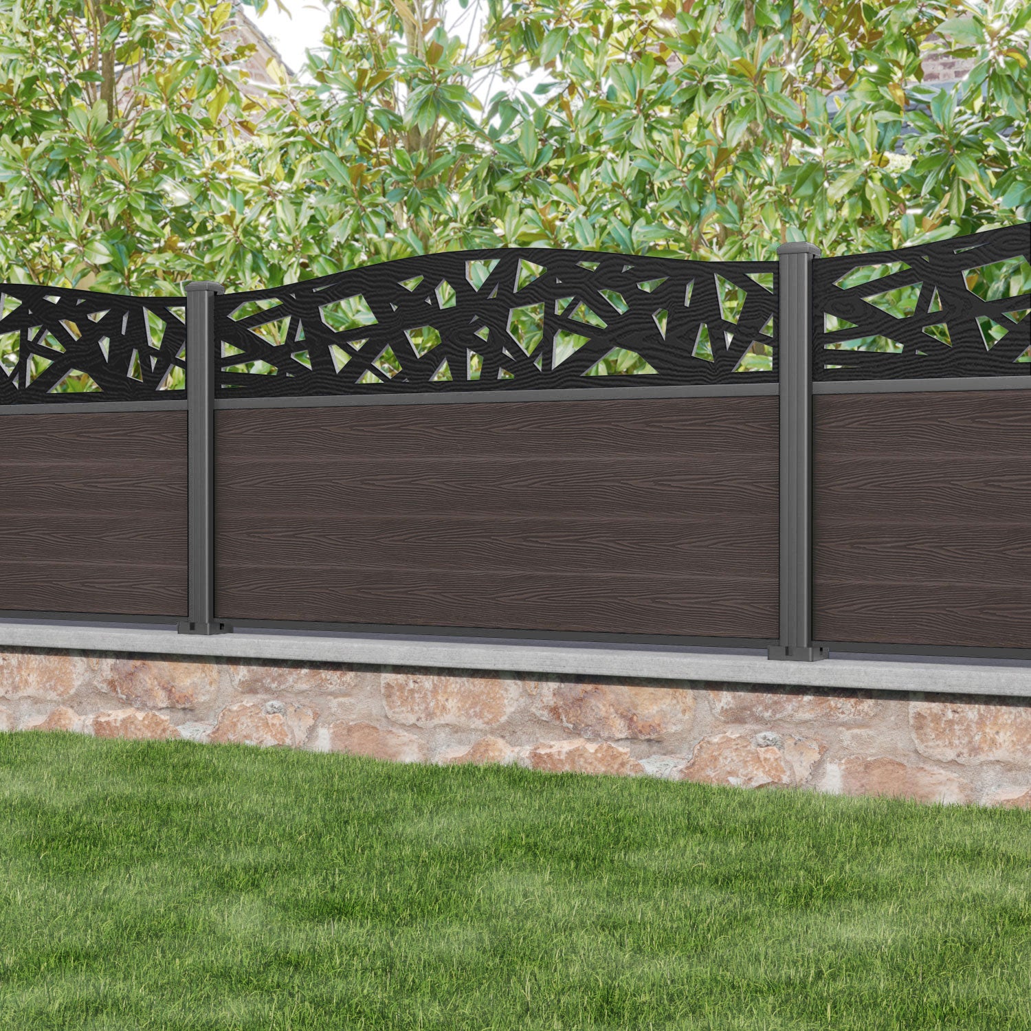 Classic Prism Curved Top Fence Panel - Mid Brown - with our aluminium posts