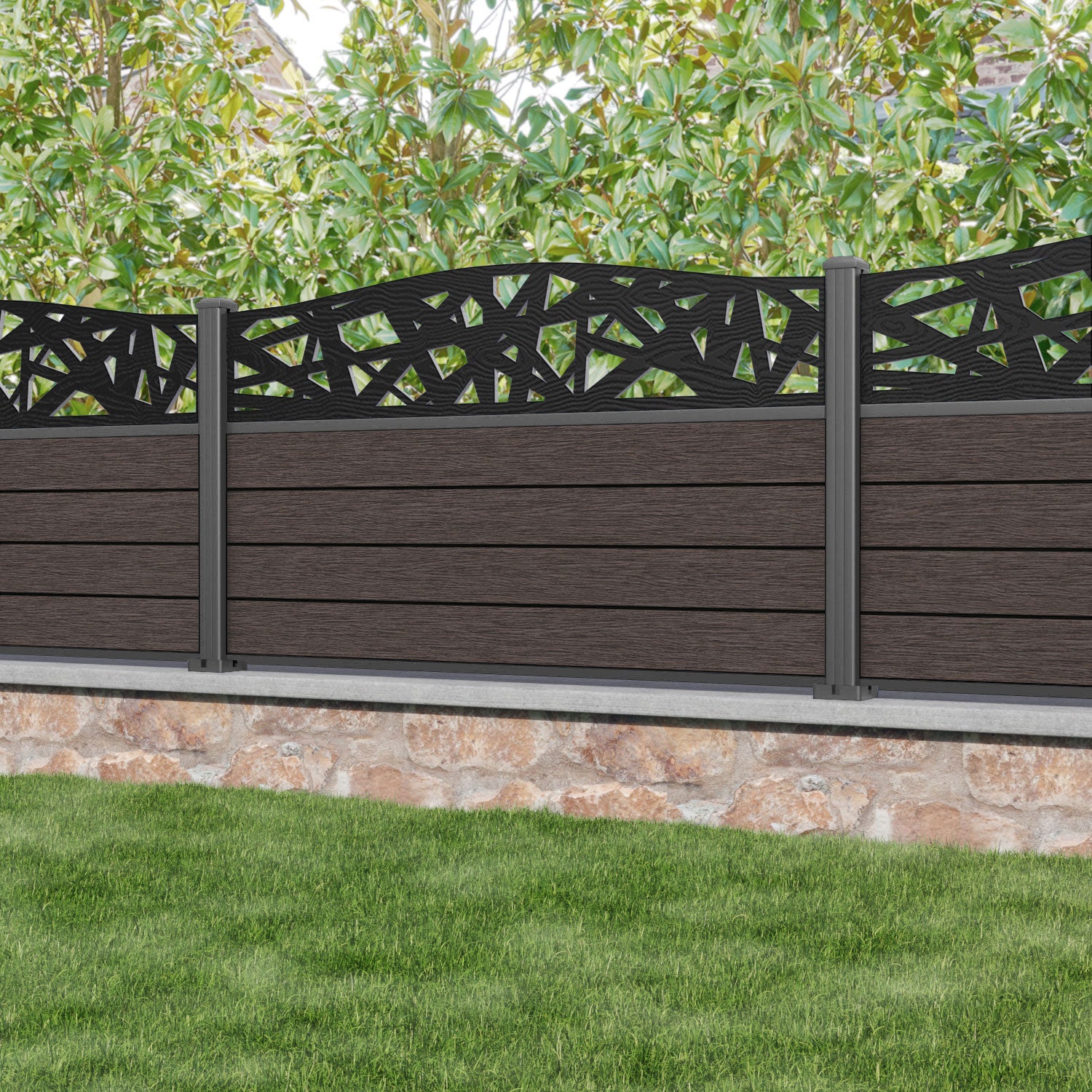 Fusion Prism Curved Top Fence Panel - Mid Brown - with our aluminium posts