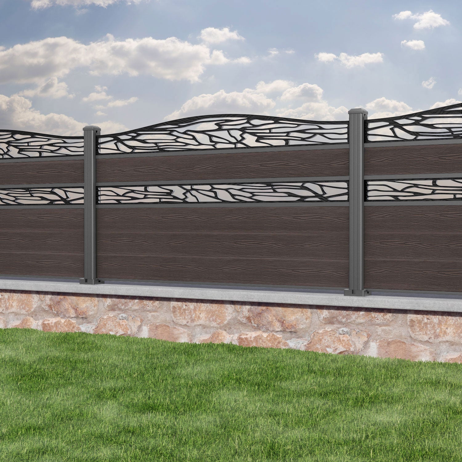 Classic Shatter Curved Top Split Screen Fence Panel - Mid Brown - with our aluminium posts
