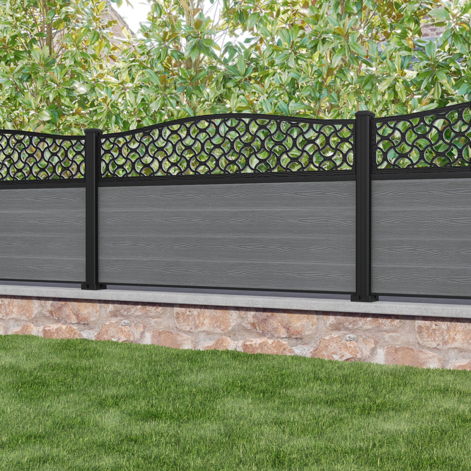 Classic Vida Curved Top Fence Panel - Mid Grey - with our aluminium posts