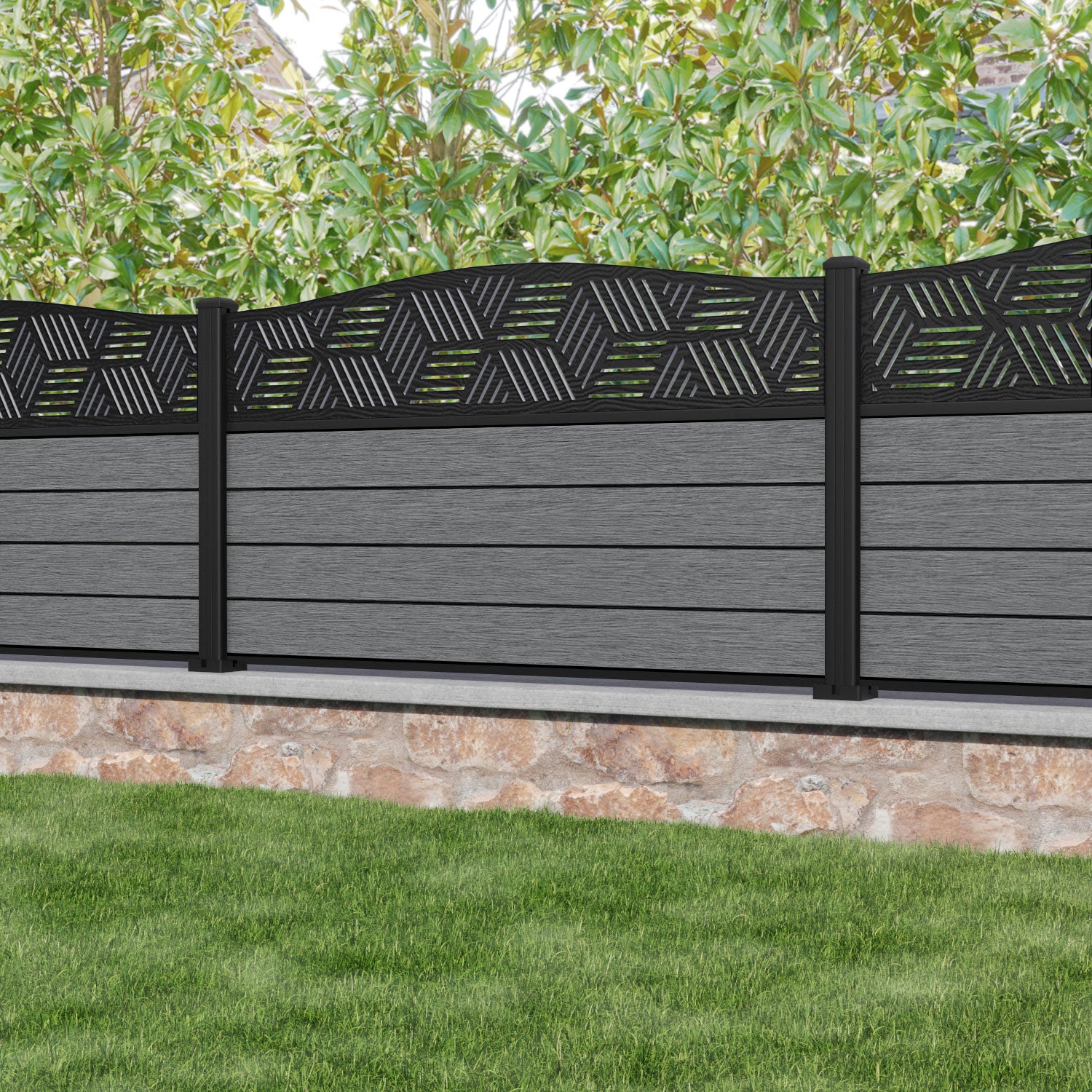 Fusion Cubed Curved Top Fence Panel - Mid Grey - with our aluminium posts