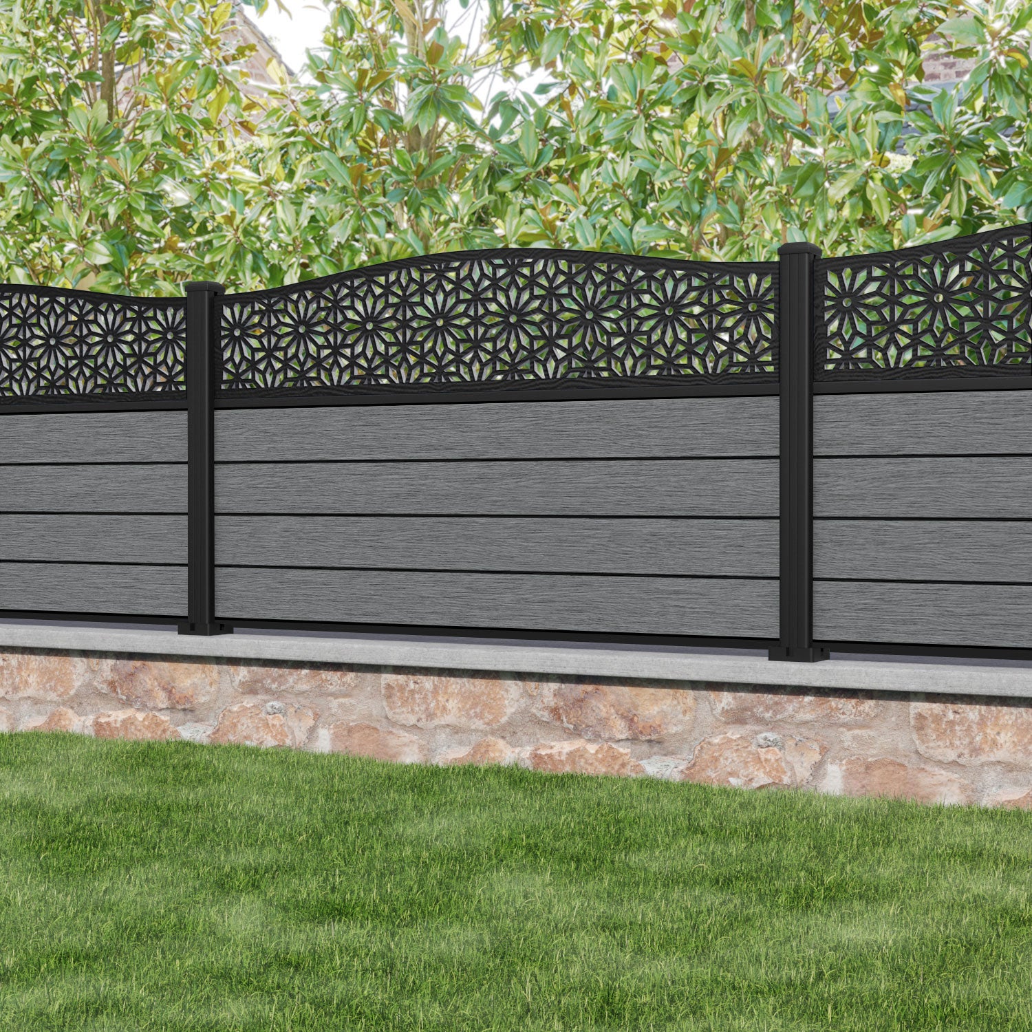 Fusion Narwa Curved Top Fence Panel - Mid Grey - with our aluminium posts