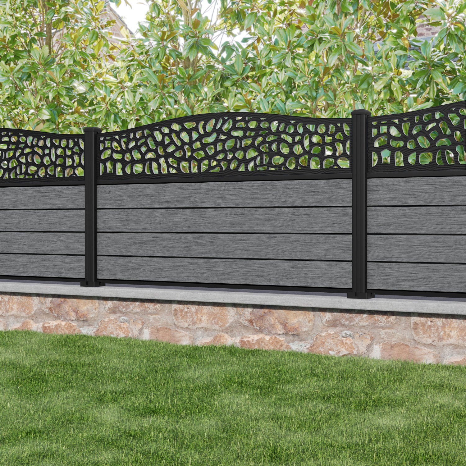Fusion Pebble Curved Top Fence Panel - Mid Grey - with our aluminium posts