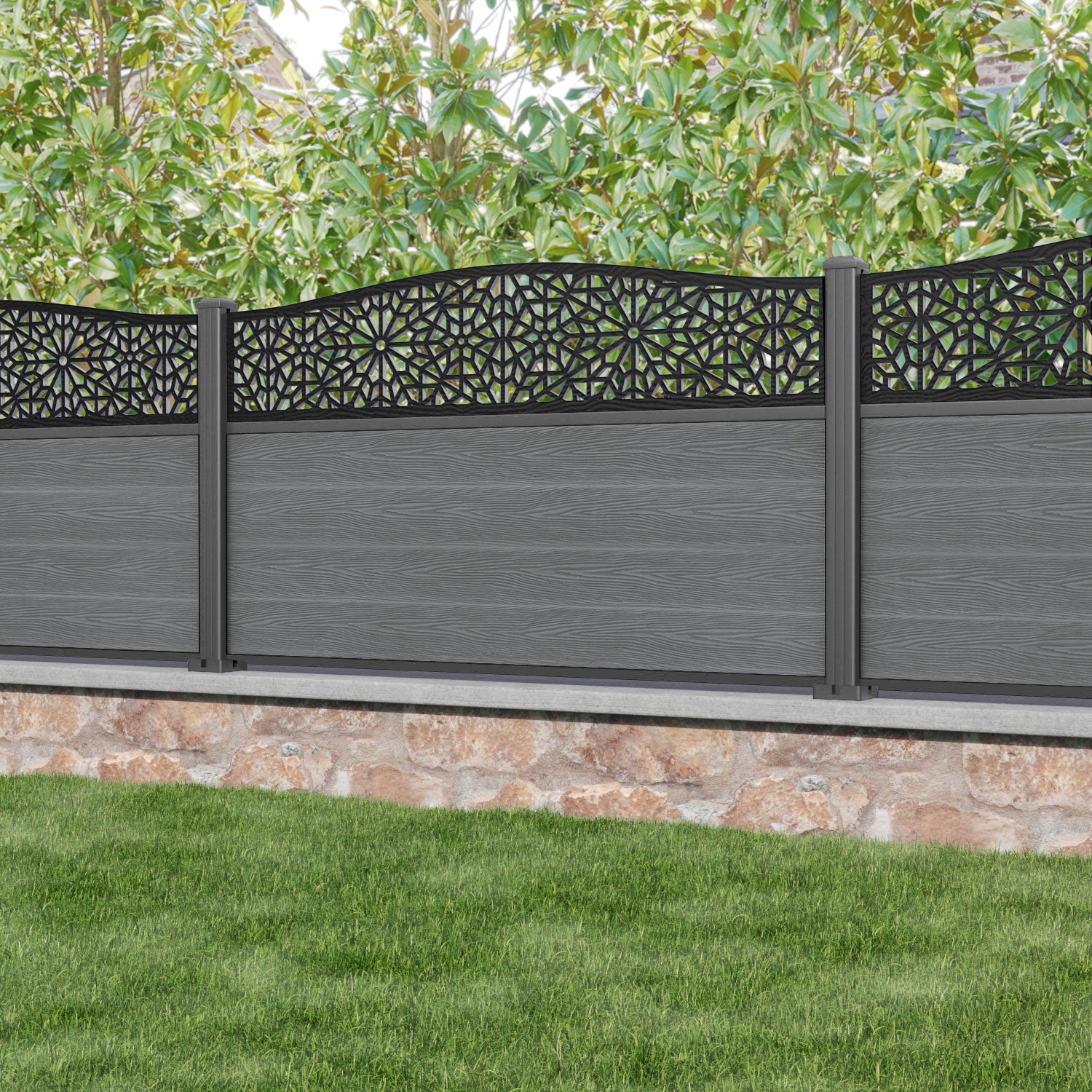 Classic Alnara Curved Top Fence Panel - Mid Grey - with our aluminium posts