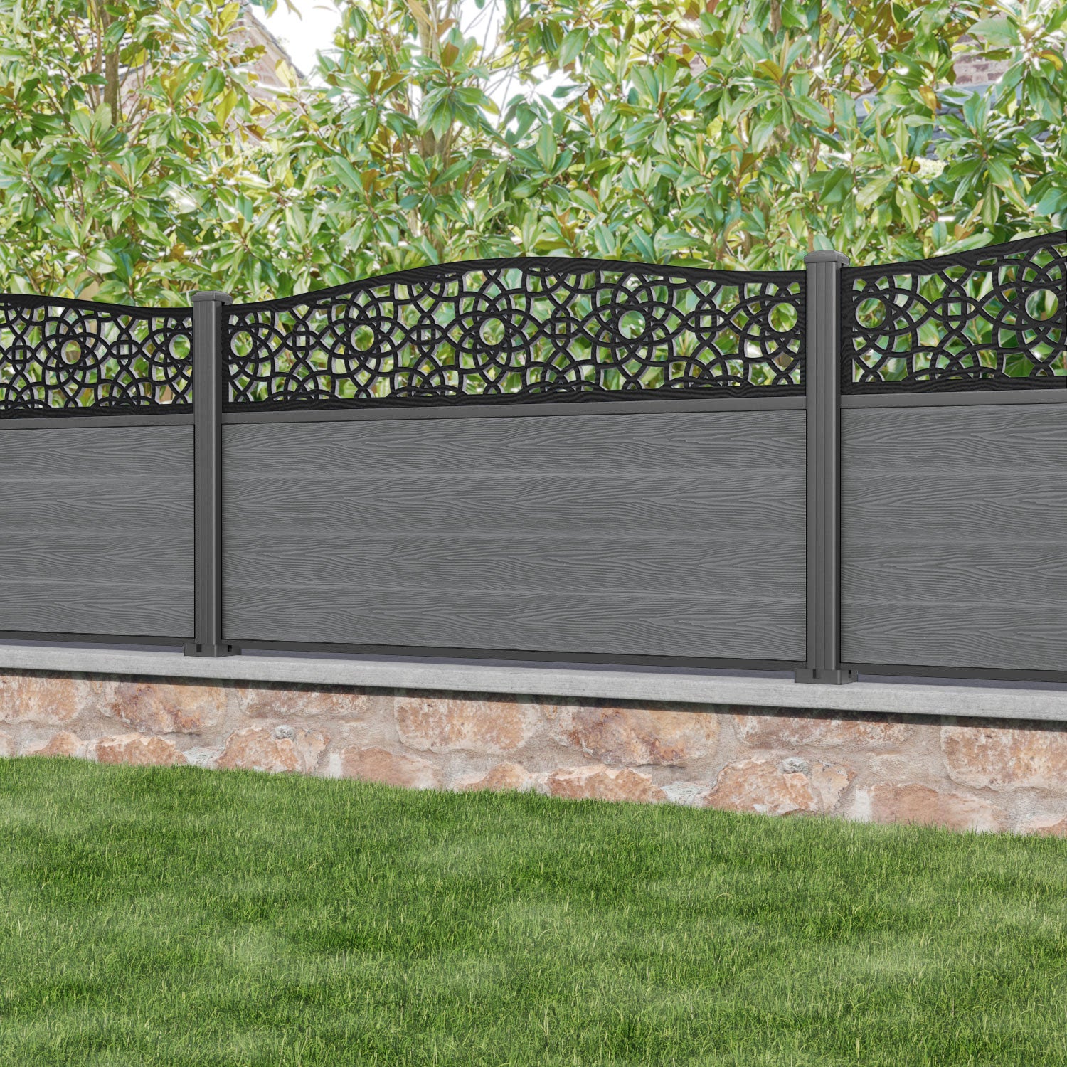 Classic Ambar Curved Top Fence Panel - Mid Grey - with our aluminium posts