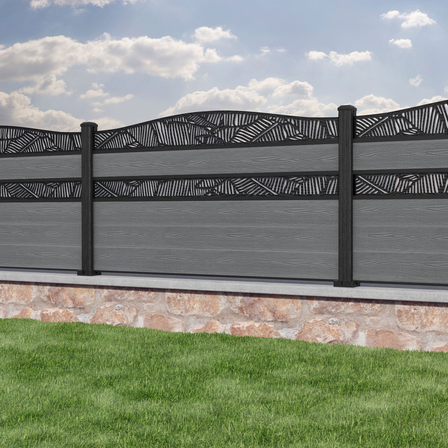 Classic Feather Curved Top Split Screen Fence Panel - Mid Grey - with our composite posts