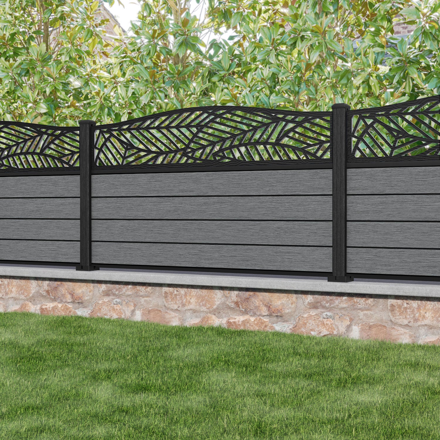 Fusion Habitat Curved Top Fence Panel - Mid Grey - with our composite posts