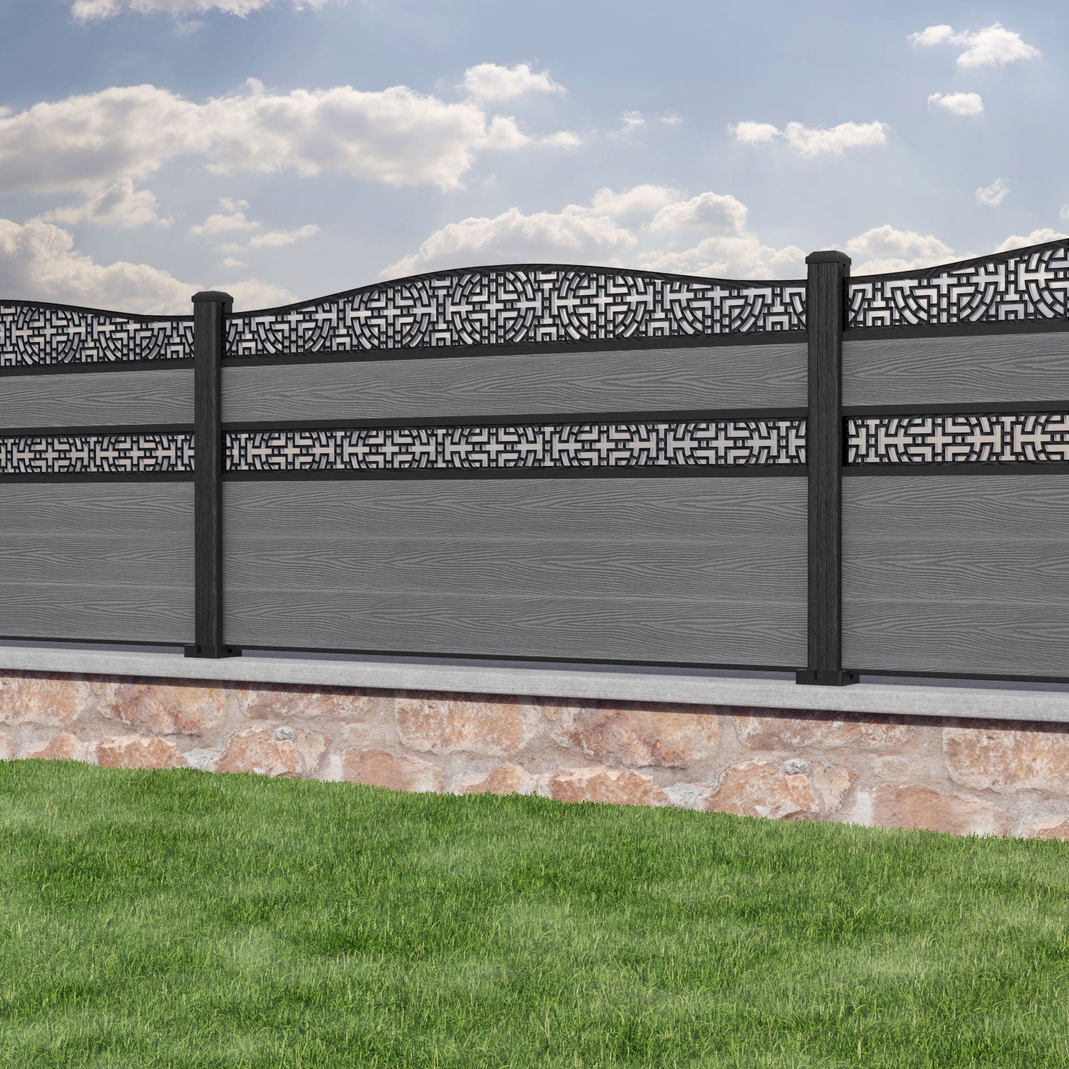 Classic Kumo Curved Top Split Screen Fence Panel - Mid Grey - with our composite posts
